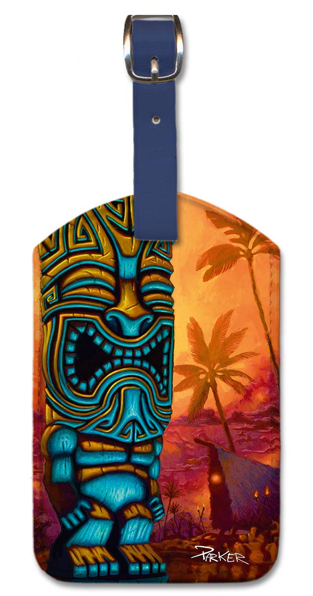 Pacifica Island Art Leatherette Luggage Tag - Tiki Blue Design by Brad Parker | Durable Travel Accessory for Suitcases, Backpacks & Carry-Ons