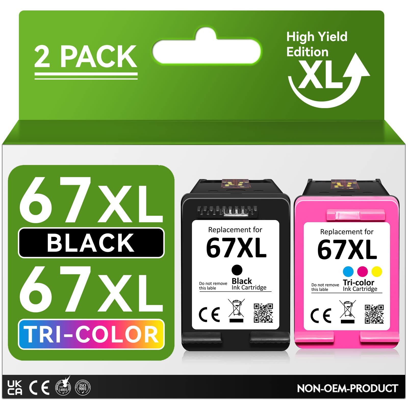 High Yield HP 67XL Ink Cartridges Replacement - Black & Color Combo Pack (2 Pack) - Compatible with HP Envy 6055e, 6055, 6052, Deskjet 2755e, 2755 Plus, 4155e, 4155, 4100, Envy Pro 6455e, 6455 Printers - Perfect for Home Office Printing, School Projects & Everyday Documents