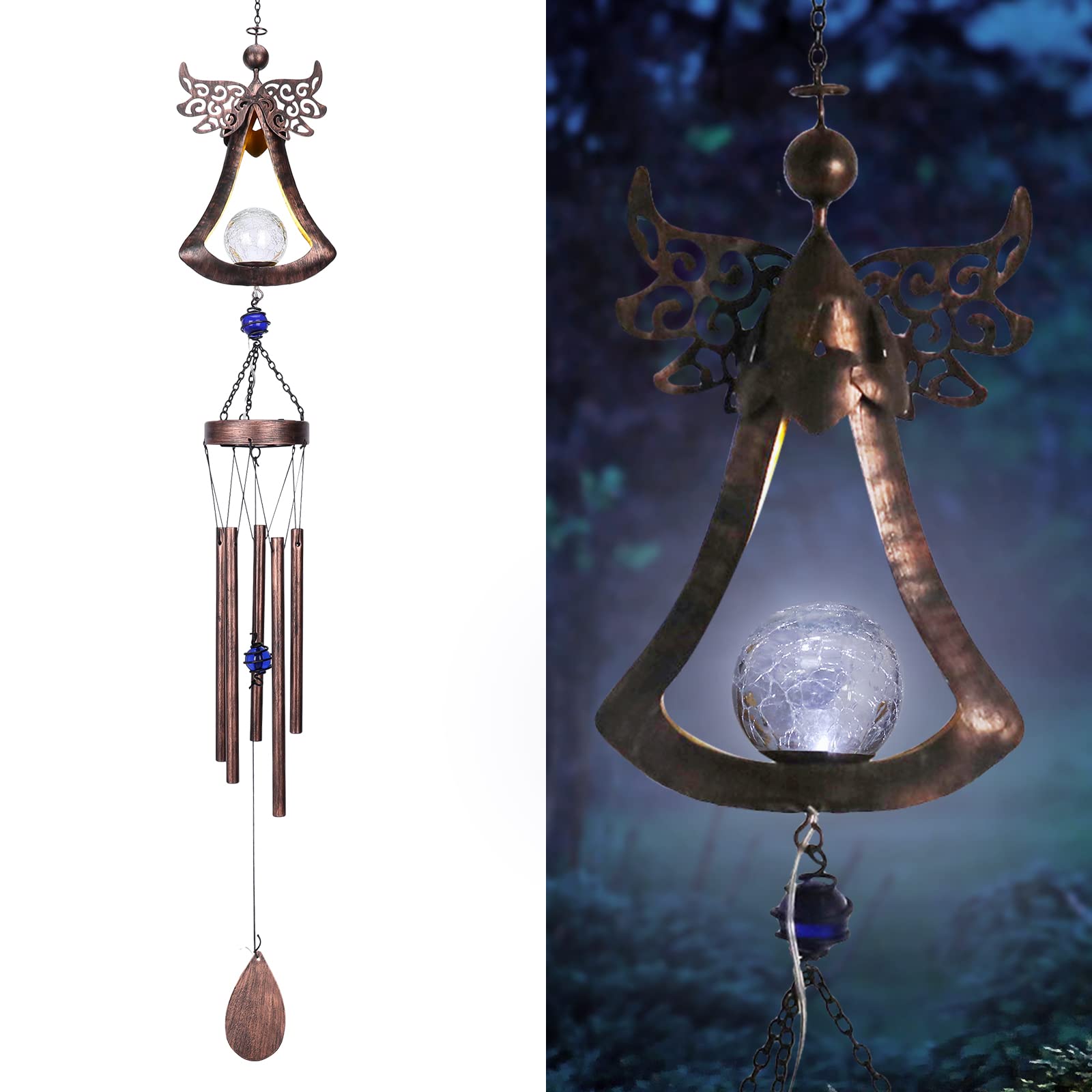 Solar Wind Chimes for Outside - 31 Inch Metal Angel Wind Chime with Solar Lights, Garden Yard Patio Decor for Relaxing Outdoor Ambience