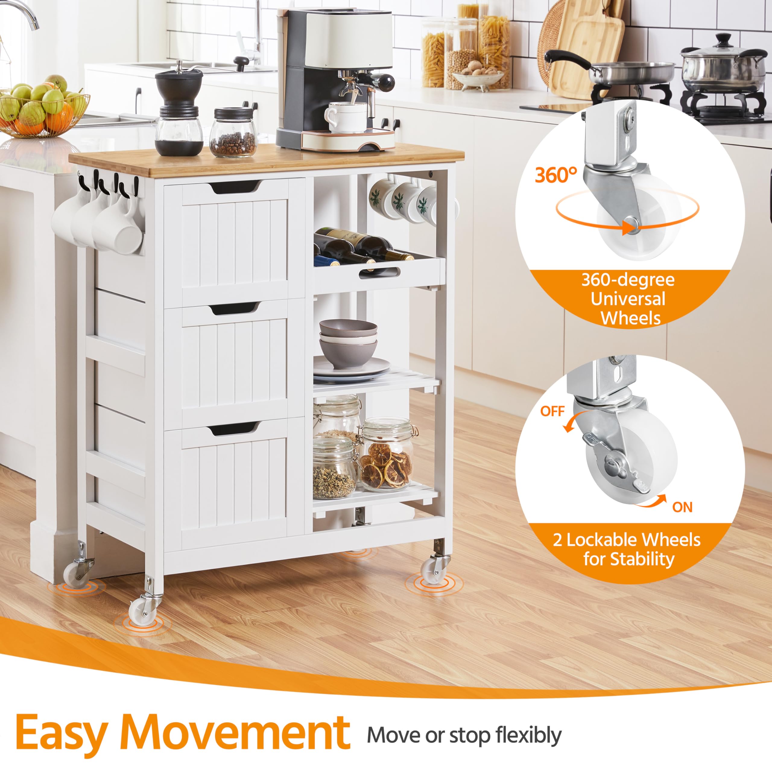 Yaheetech White Kitchen Island Cart with Bamboo Top - 3 Drawers & Shelves for Dining Room & Bar Storage
