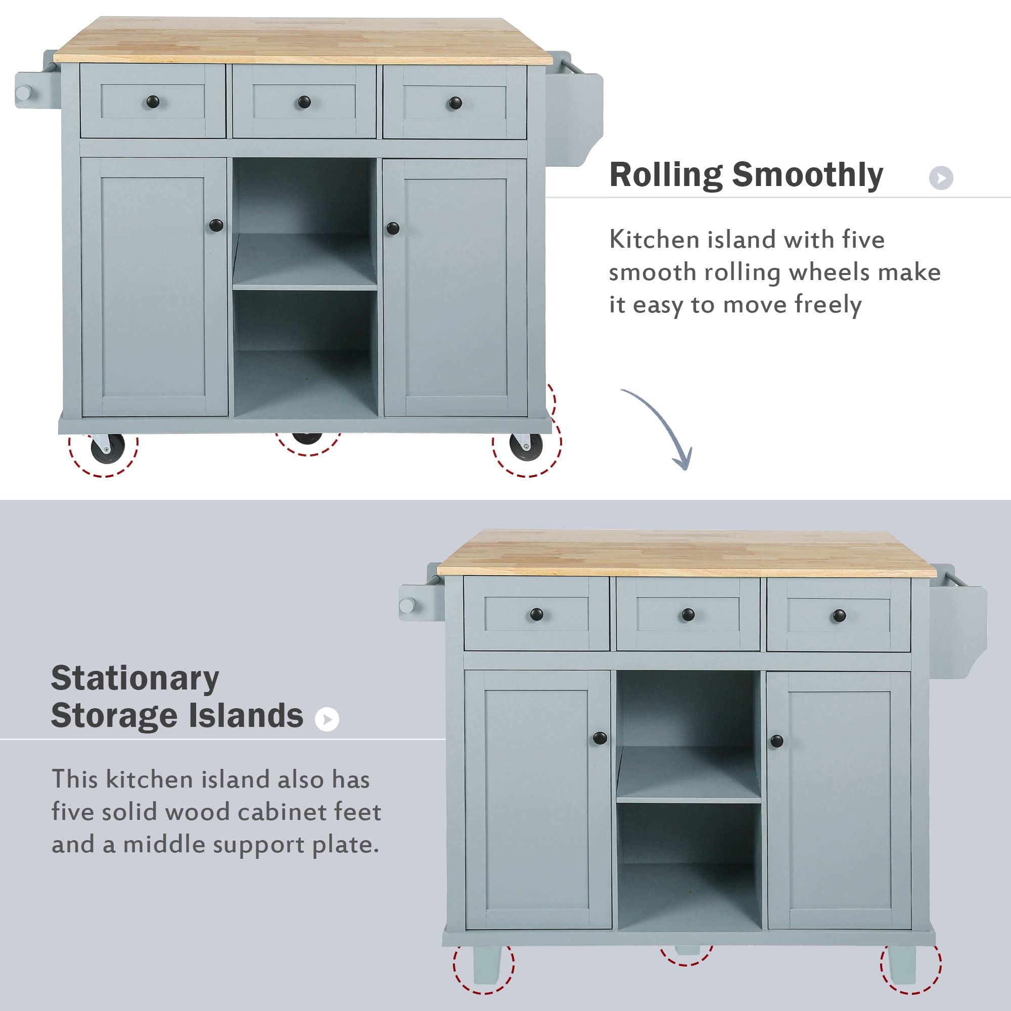 Multi-Functional Kitchen Island Cart with Drop-Leaf Cabinet, 5-Wheel Mobile Base, 3 Storage Drawers & Internal Rack - 53.1