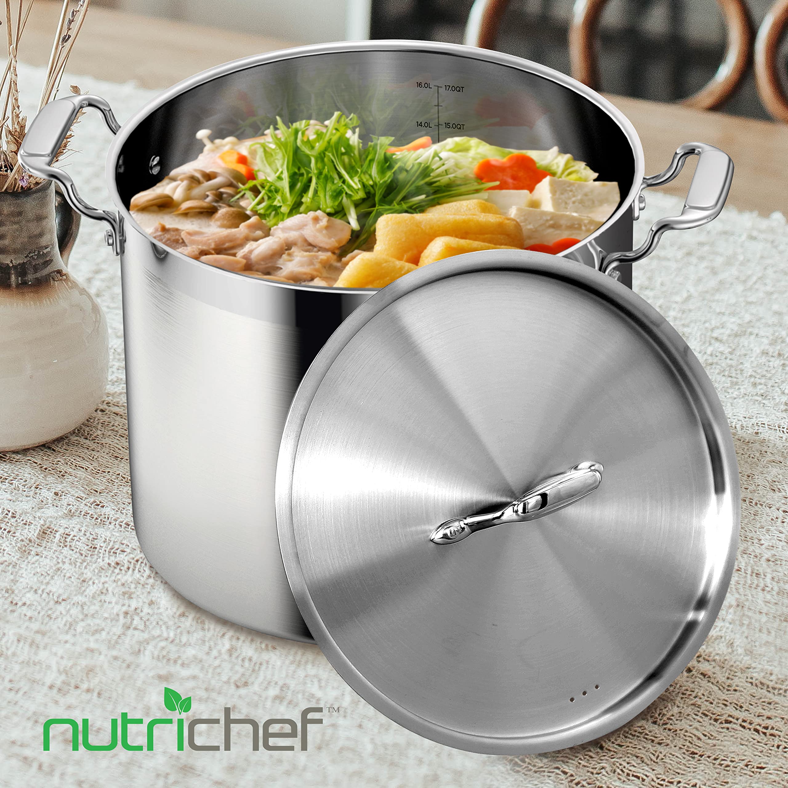 NutriChef 24-Quart Stockpot Lid - Stainless Steel Cookware Cover with Handle, Fits 12.60” Inner Diameter Pots | Compatible with NCSPT24Q Stock Pot | Perfect for Boiling, Steaming & Slow Cooking