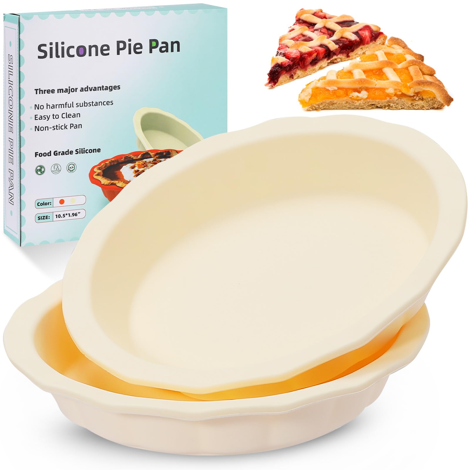 Non-Stick Silicone Pie Pans for Baking - 9 Inch Reusable Pie Dish with Corrugated Edge, Dishwasher & Microwave Safe (Beige) - Perfect for Thanksgiving, Christmas Desserts & Homemade Pies
