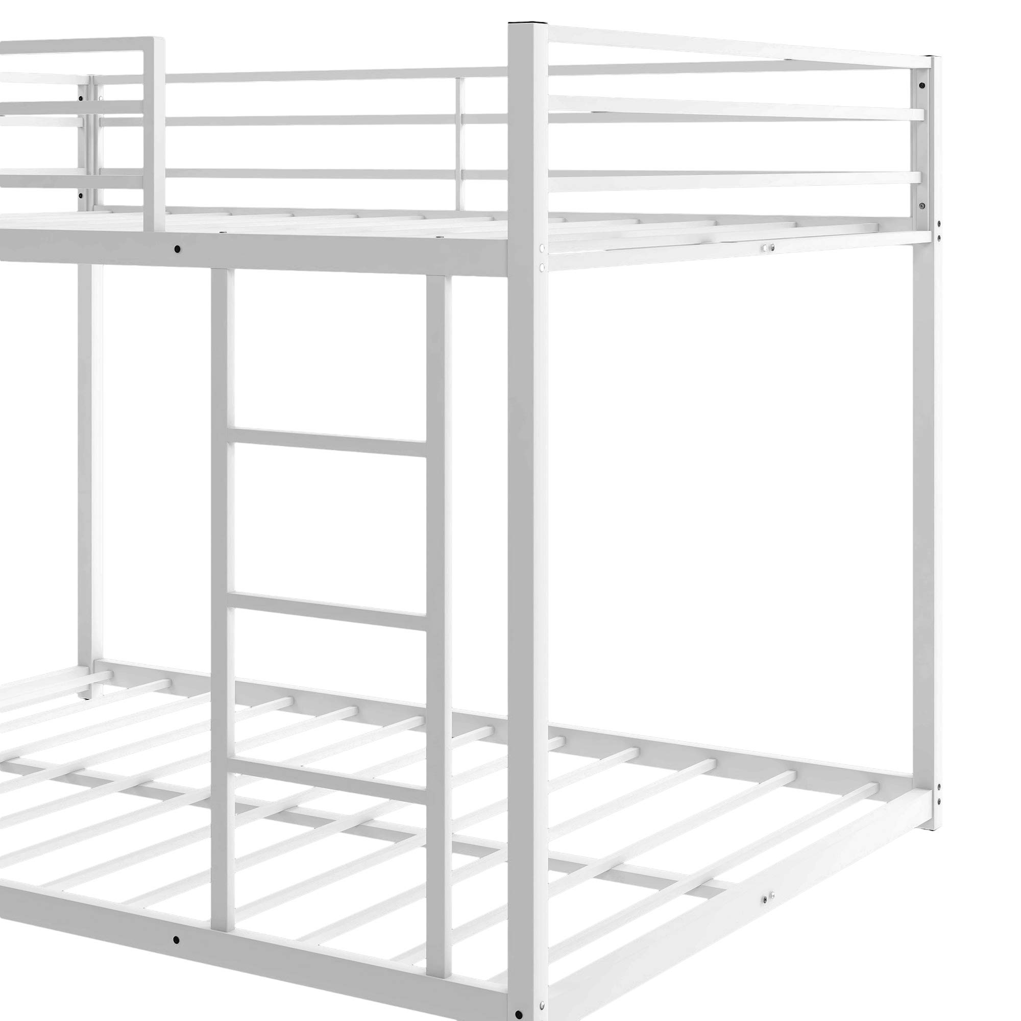 Rhomtree Full Over Full Low Bunk Bed with Ladder - Heavy Duty Metal Bunk Bed Frame with Safety Guard Rails for Kids, Teens & Adults - Space Saving White Bunk Bed for Small Rooms, Dorms & Guest Rooms