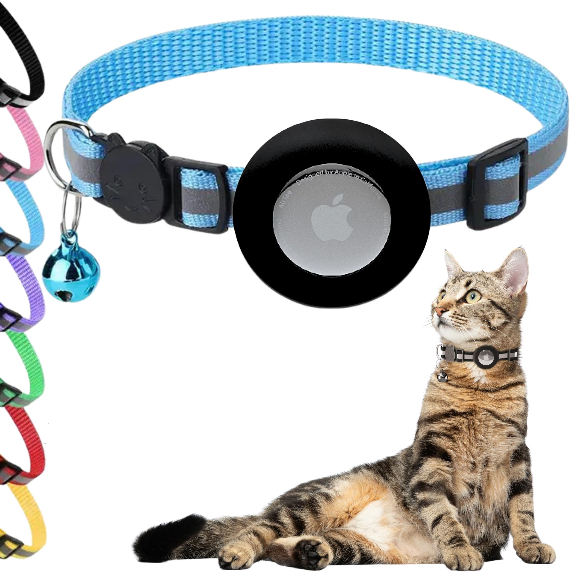 Breakaway Cat Collar with Bell & AirTag Holder - Blue | Reflective & Adjustable Pet Collar for Safety | Perfect for Outdoor Adventures & Nighttime Walks