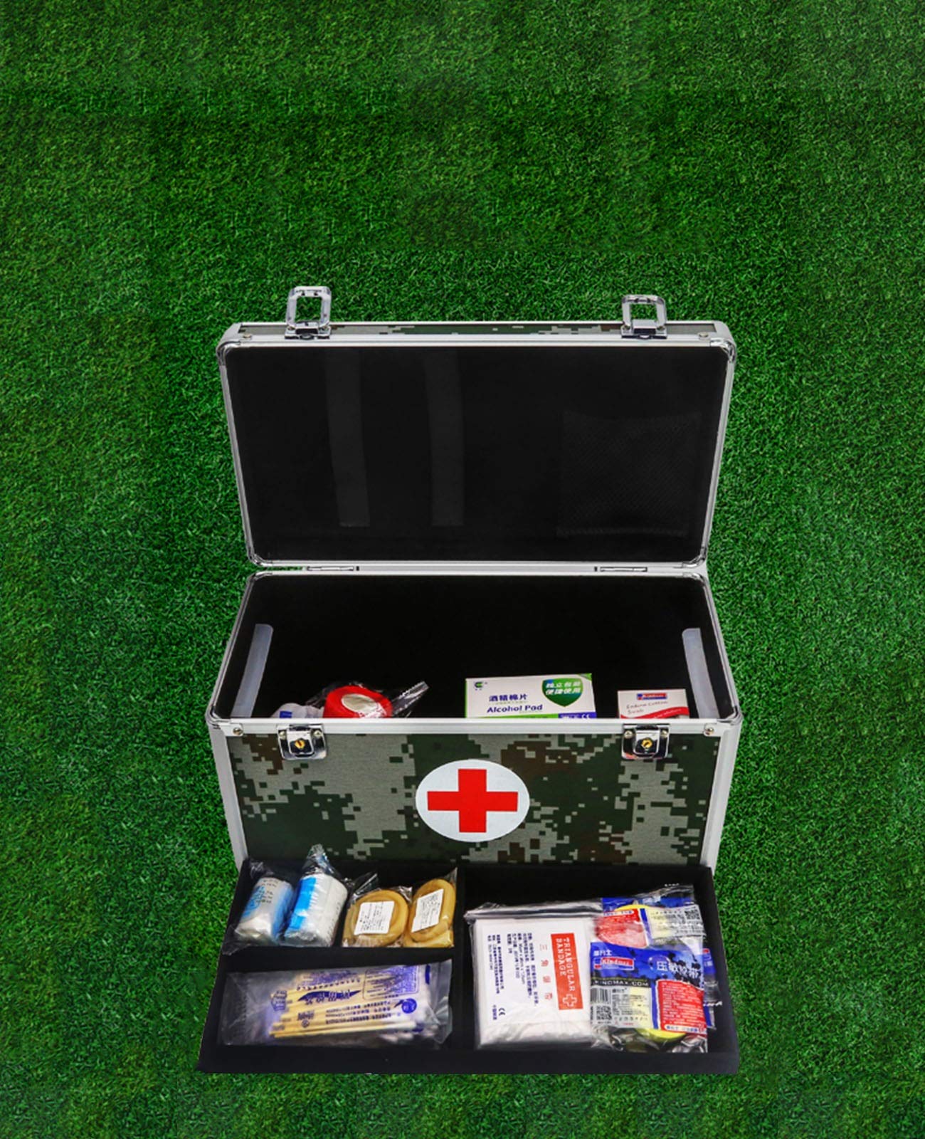 Portable First Aid Kit - Aluminum Alloy Medical Storage Box for Home, Car & Office (36x19x20cm) | Compact Medicine Organizer with Camouflage Design | Emergency Preparedness for Family Safety & Outdoor Activities