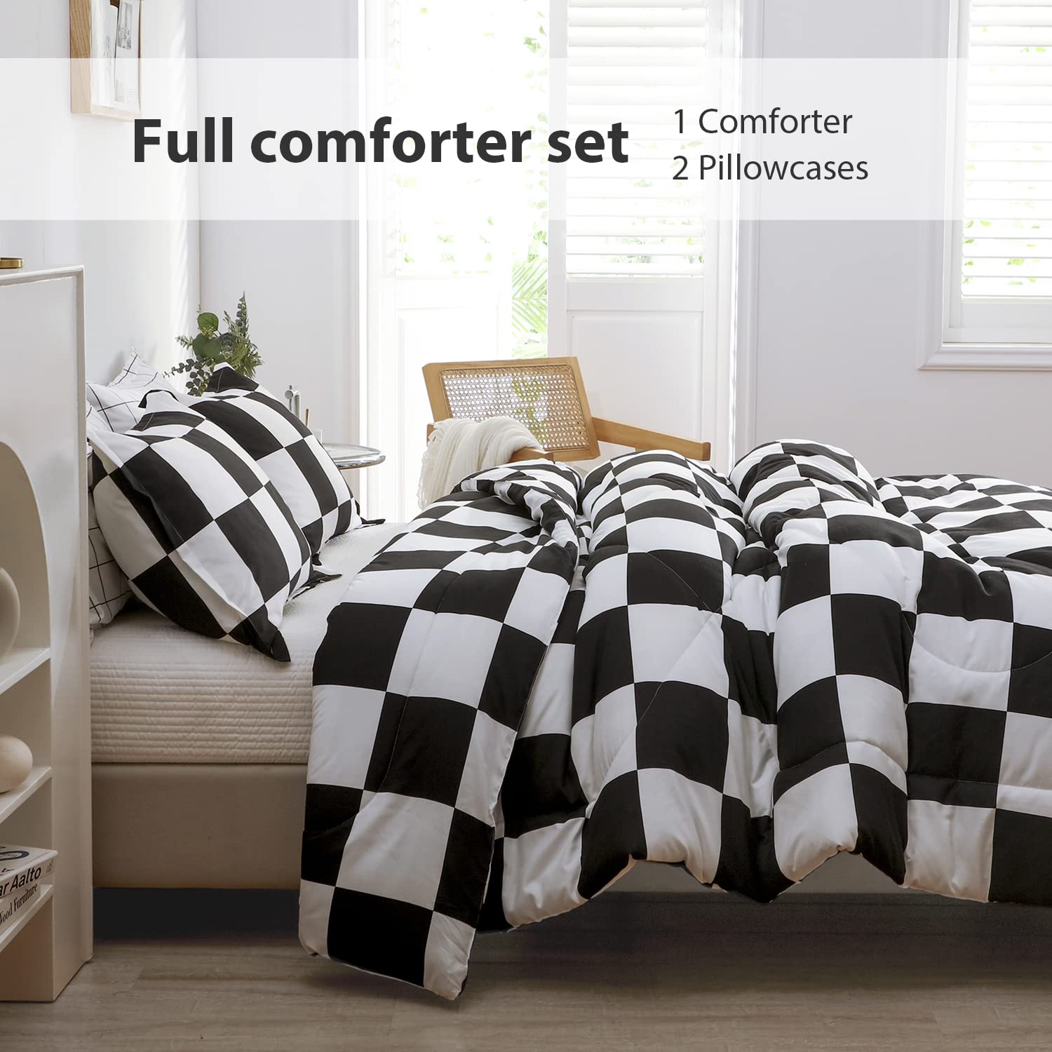 LUCKYBULL 3-Piece Full Comforter Set - Fluffy Down Alternative Bedding in Black & White Plaid, Soft Textured Checkered Design with 2 Pillow Shams - All Season Cozy Comfort for Bedroom, Guest Room, or Dorm