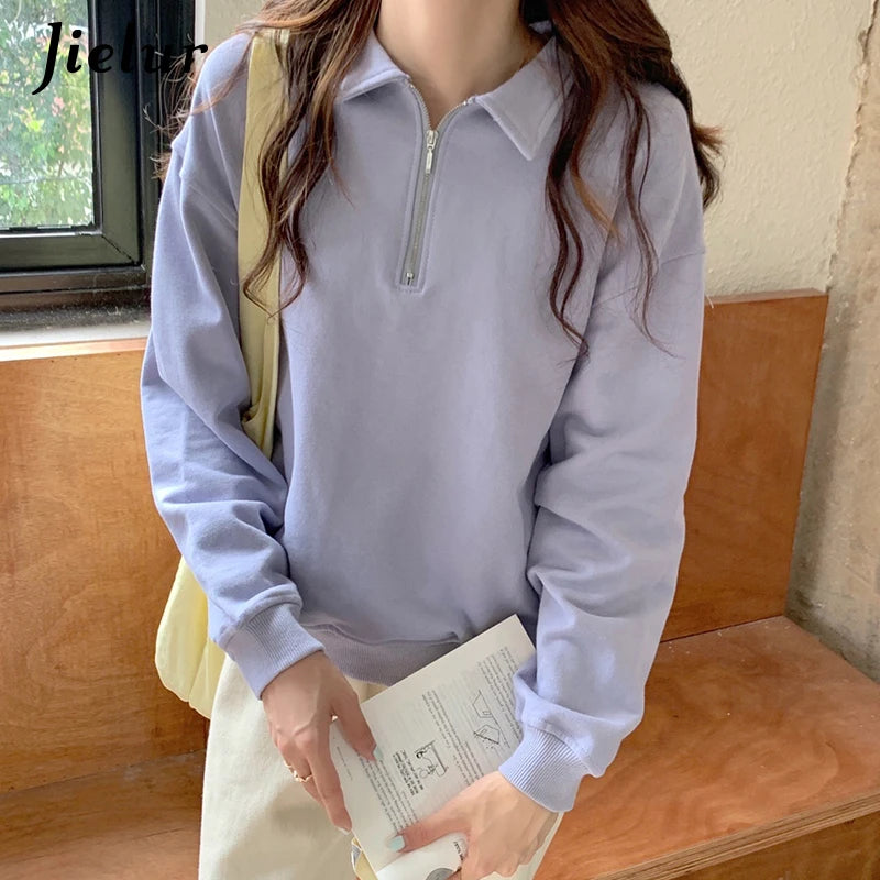 Women's Autumn Long Sleeve Polo Collar Zipper Sweatshirt - Solid Color Basic Pullover Tops (Apricot, M-XL) | Casual Office Wear & Fall Layering Essential