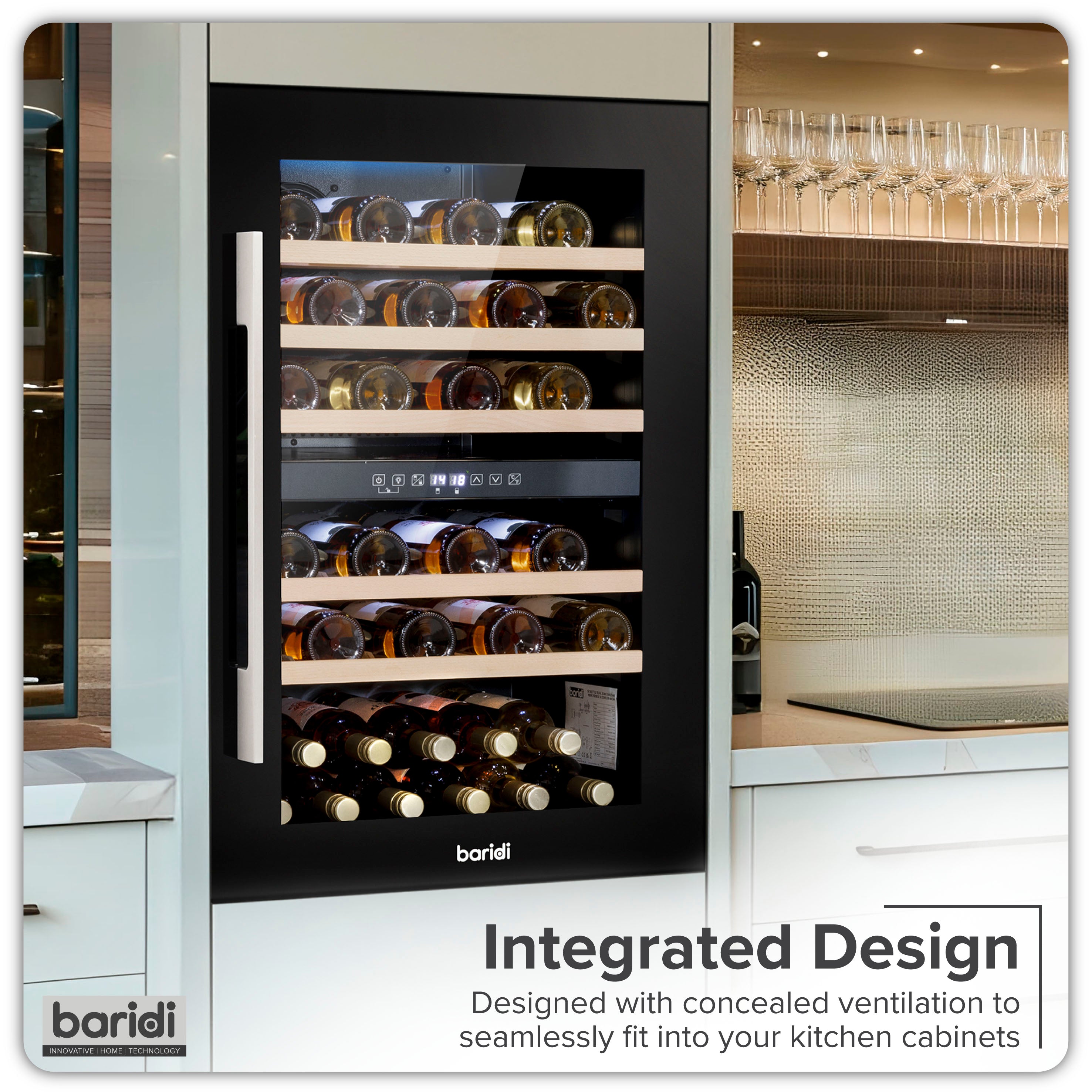 Baridi 60cm Built-In 57 Bottle Dual Zone Wine Cooler with Beech Wood Shelves - Black (DH118) | Perfect for Home Bars, Restaurants & Wine Cellars | Energy Efficient Wine Refrigerator for Optimal Storage