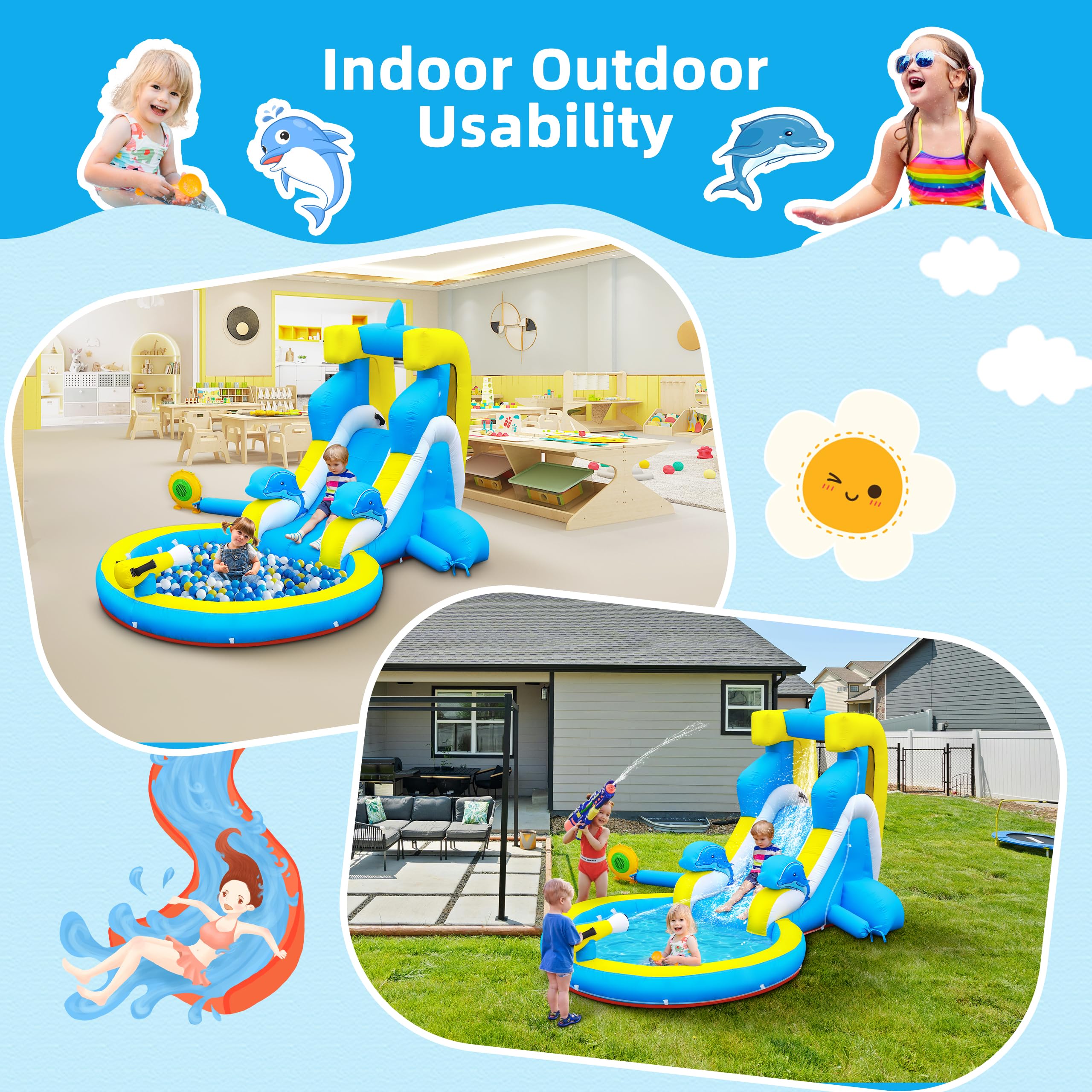 **Inflatable Water Slide for Kids - 4-in-1 Bounce House with Climbing Wall, Splash Pool & Water Cannon - 370W Blower - Wet & Dry Play - Indoor & Outdoor Backyard Birthday Party Fun**    *(Use Case: Perfect for summer parties, backyard fun, family gatherings, and kids' birthday celebrations!)*