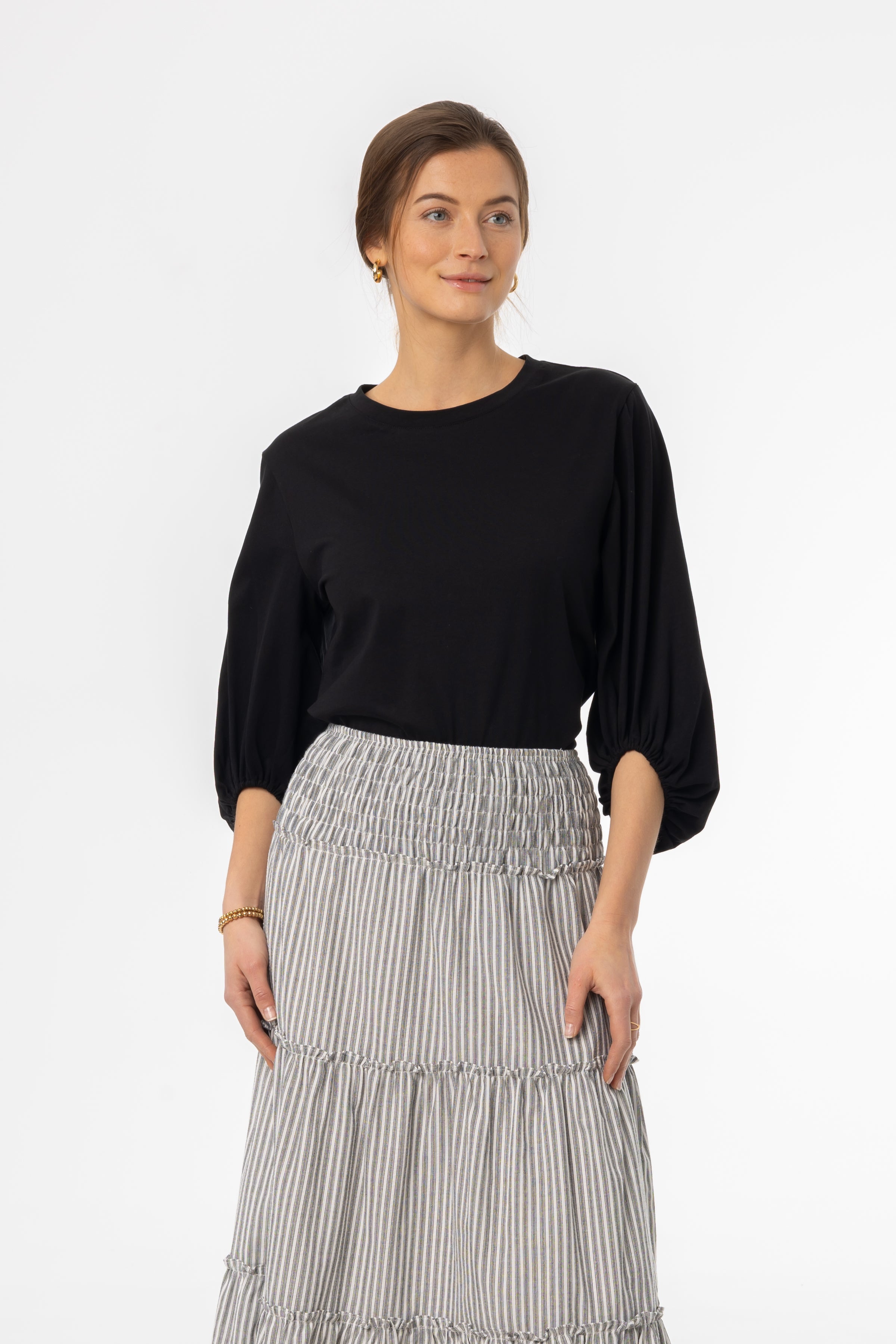 Black Gathered Sleeve T-Shirt for Women - Stylish Casual Top for Everyday Wear, Date Nights & Office Outfits