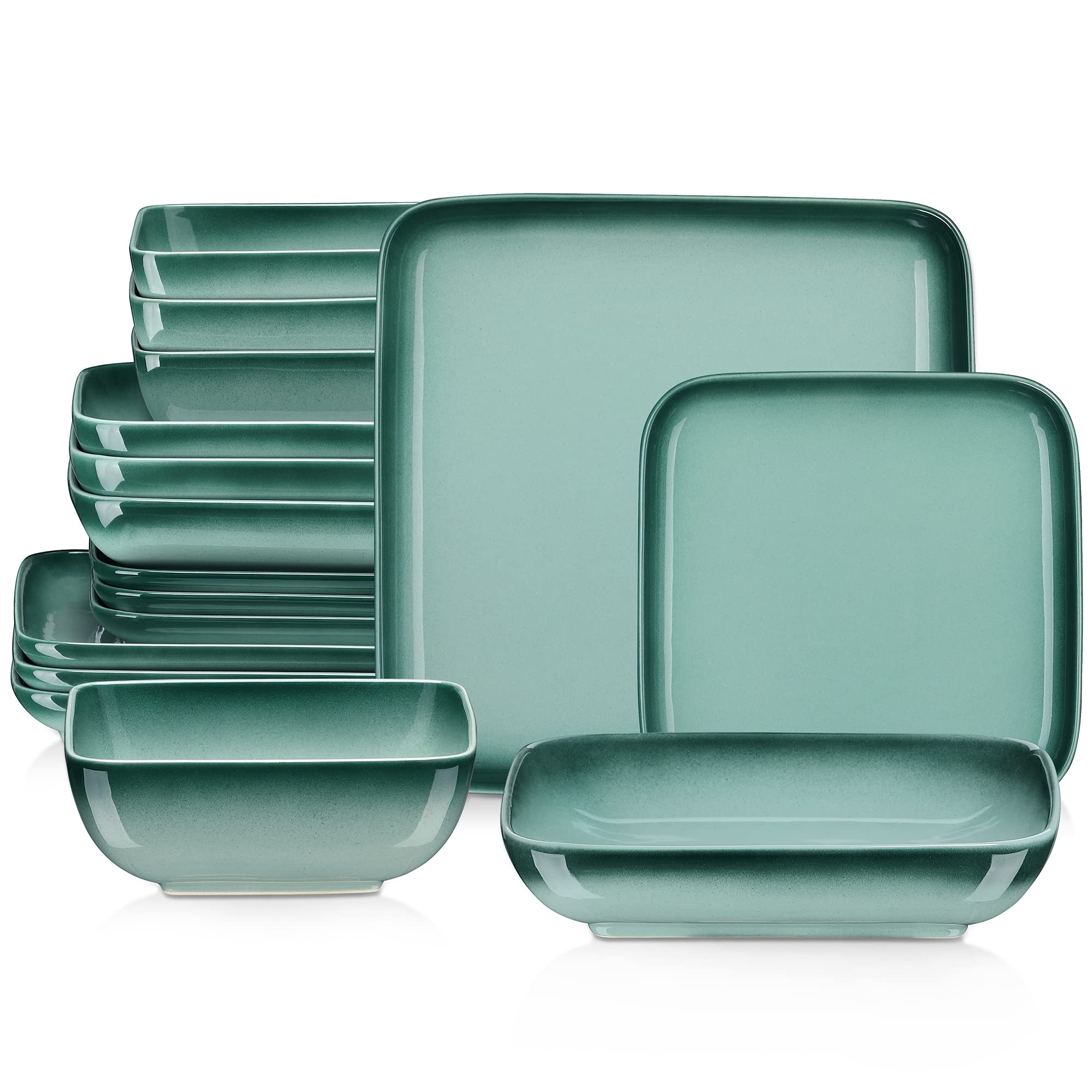LOVECASA 16-Piece Square Dinnerware Set for 4 - Blackish Green Gradient Plates, Bowls, Soup & Dessert Plates - Modern Tableware for Dining, Entertaining & Home Decor