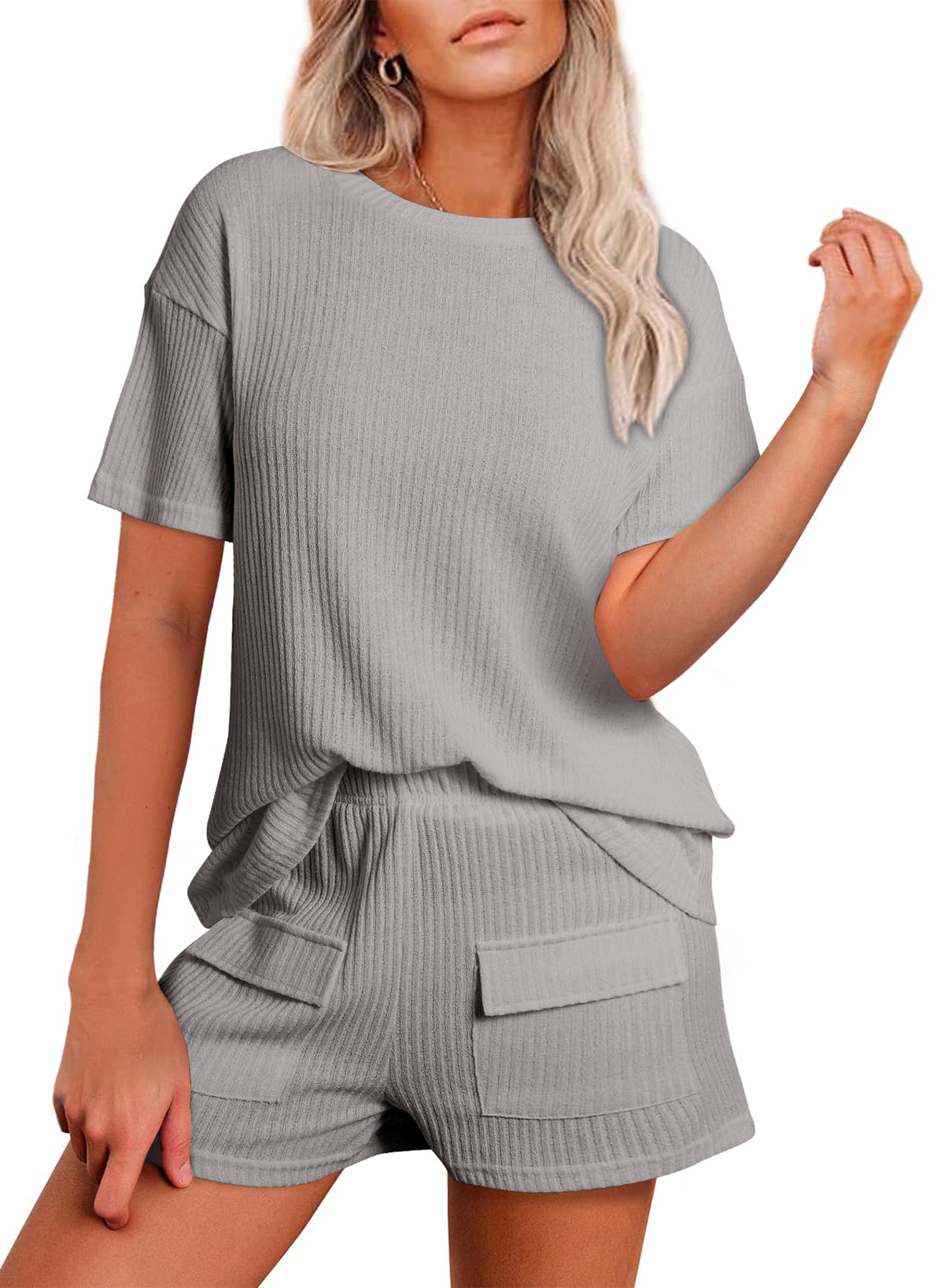 EVALESS Women's Rib Knit Lounge Set - Soft Short Sleeve Top & High Waist Stretchy Shorts - Comfy Pajama Outfit for Home, Sleep & Relaxation