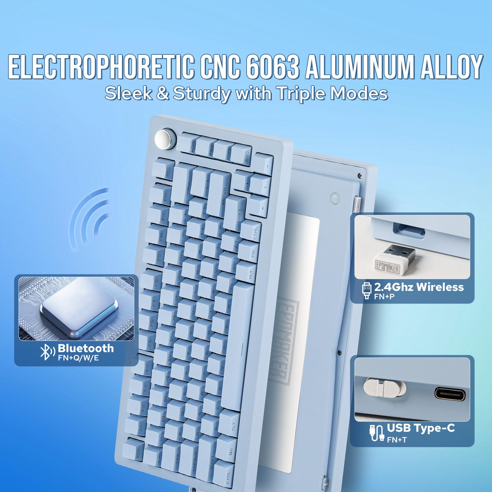 EPOMAKER Tide75 QMK/VIA Wireless Gaming Keyboard - 75% Aluminum Mechanical Keyboard with Programmable Creamy Keys, Bluetooth/2.4Ghz/USB-C Connectivity, FR4 Plate for Windows & Mac (Blue, Lemon Switch) - Perfect for Esports, Office Work & Typing Enthusiasts