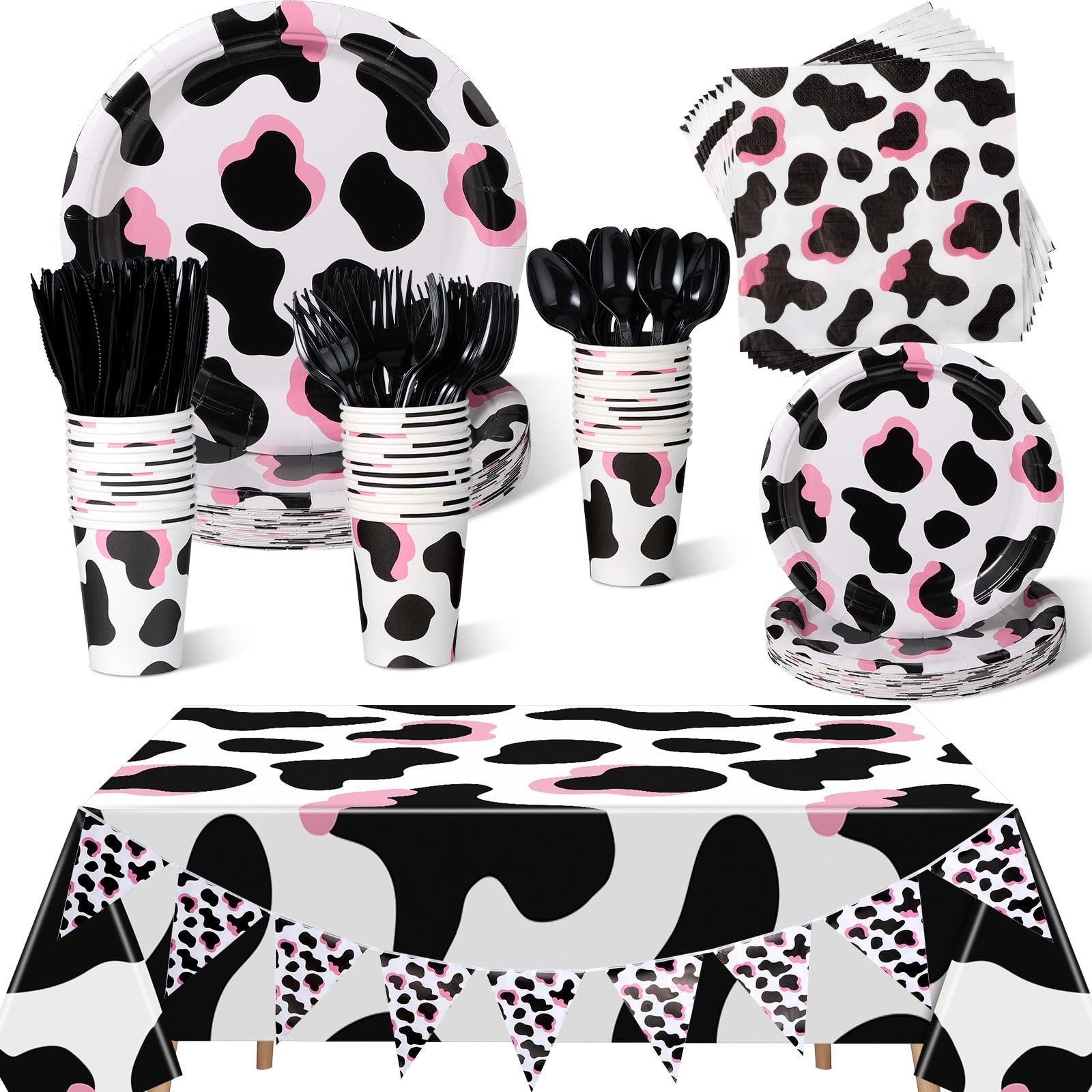 171-Piece Pink Cow Print Party Supplies Set - Plates, Cups, Napkins, Cutlery (24 Settings) with Banner & Tablecloths - Perfect for Cow-Themed Birthday, Baby Shower & Farm Animal Decorations (Great for Kids' Parties, Gender Reveals & Western-Themed Events)