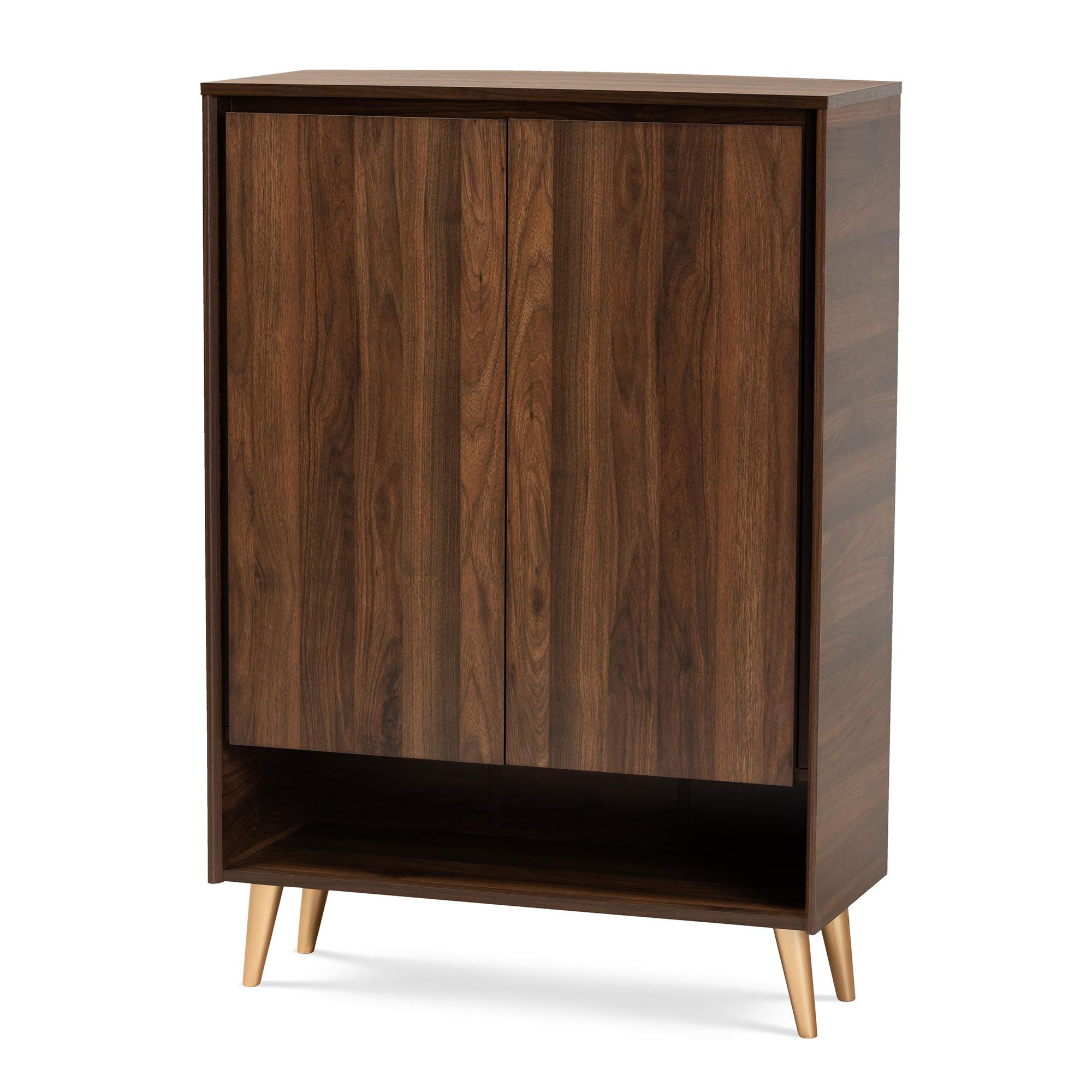 Baxton Studio Landen Mid-Century Modern Shoe Storage Cabinet - 2-Door Entryway Organizer in Walnut Brown & Gold Finish | Perfect for Small Spaces, Hallways & Closets
