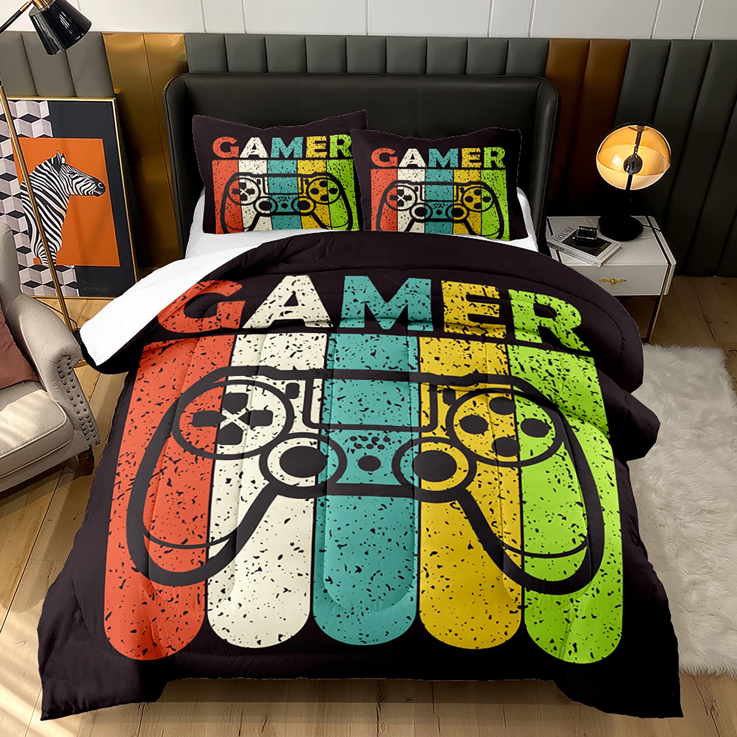 Ailonen Queen Size 3-Piece Gamer Comforter Set for Teen Boys - 1 Comforter & 2 Pillowcases - Video Game Themed Bedspread with Gamepad Design - Perfect for Gaming Rooms, Dorm Rooms & Teen Bedrooms