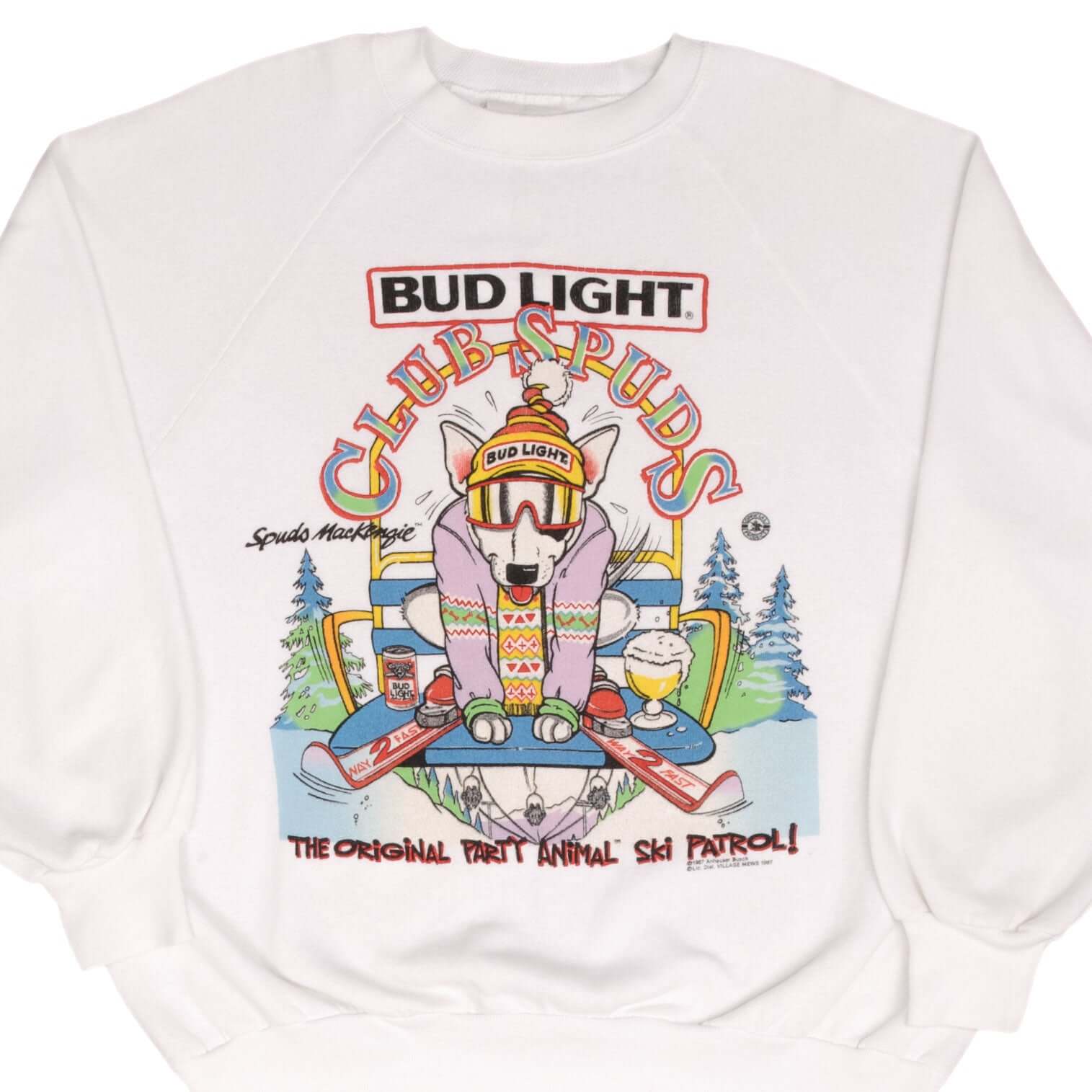 Vintage 1987 Budweiser Club Spuds Ski Sweatshirt - XL Size | Retro Beer Brand Apparel for Skiing & Casual Wear
