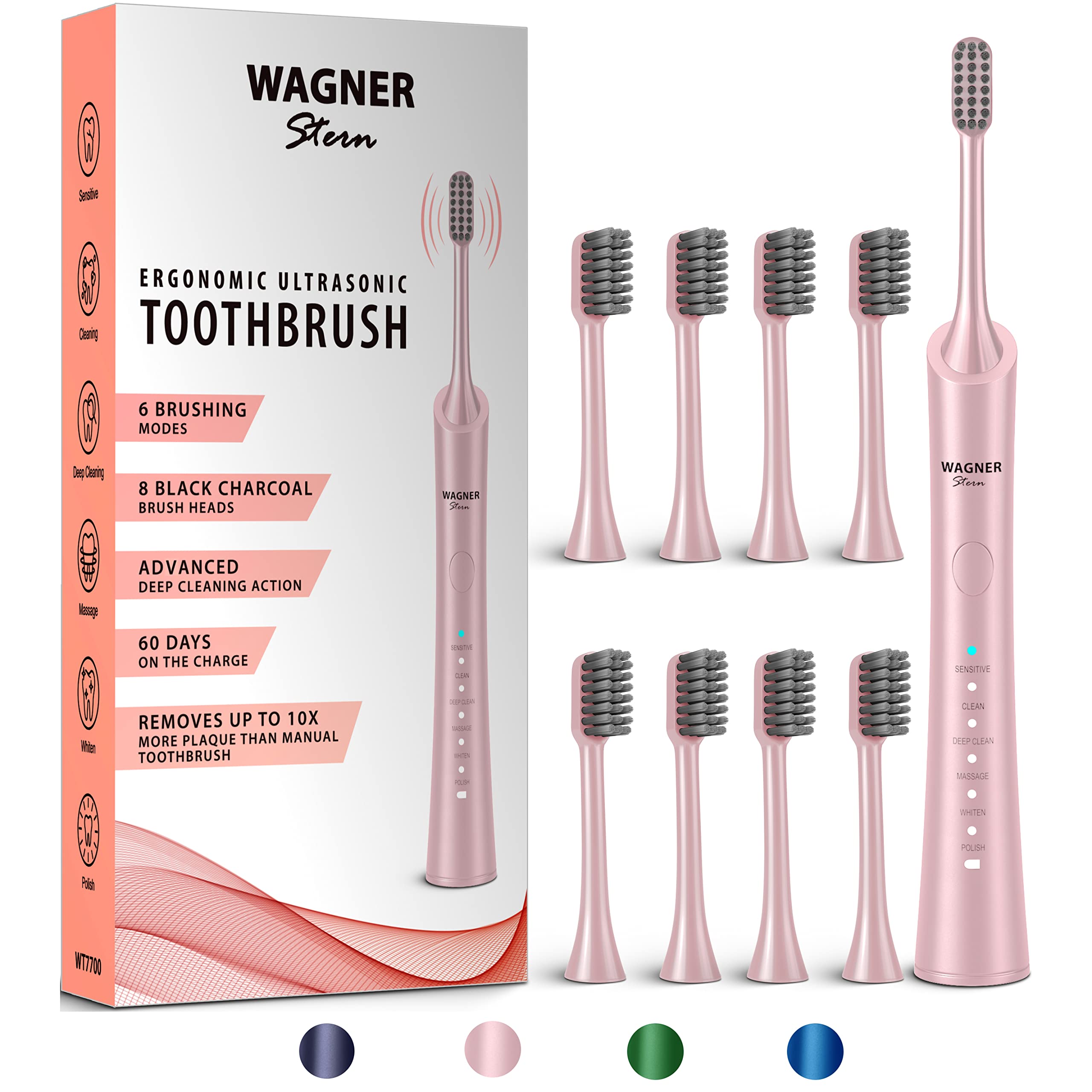Wagner Stern Ultrasonic Whitening Electric Toothbrush with 8 Charcoal Black Brush Heads - Fresh Breath & Healthy Smile for Adults & Teens (Pink) | Perfect for Travel, Home & Daily Oral Care Routine