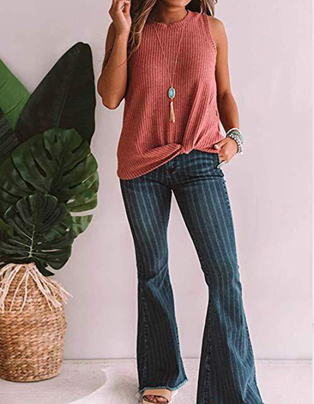Women's Summer Sleeveless Twist Knot Tank Top - Waffle Knit Cami Shirt Casual Blouse (Small, Brick Red) | Perfect for Beach Outings, Vacation Wear & Everyday Summer Fashion
