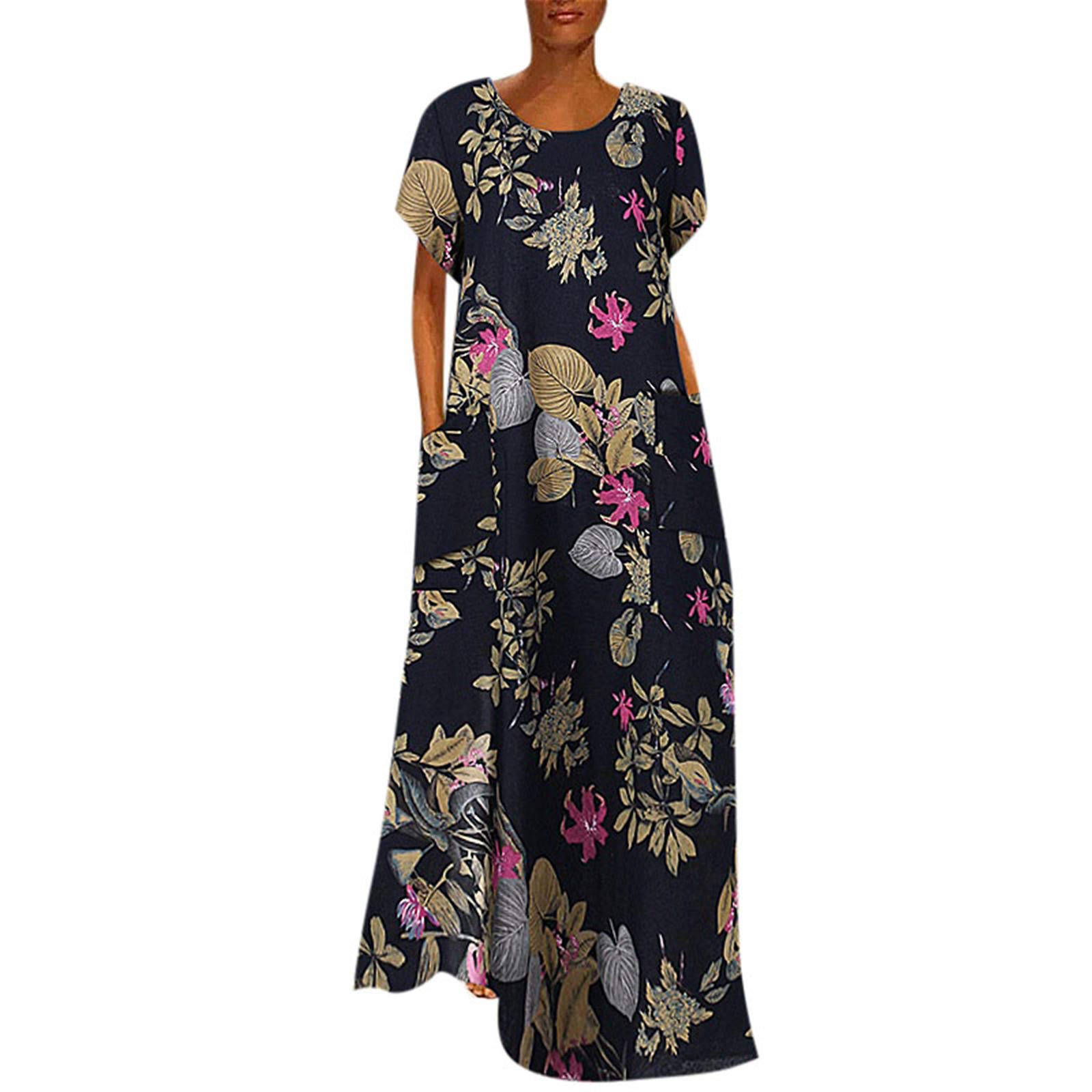 ETHKIA Women's Casual Floral Print Round Neck Half Sleeve Long Dress - Perfect for Summer Outfits, Beach Vacations & Daily Wear