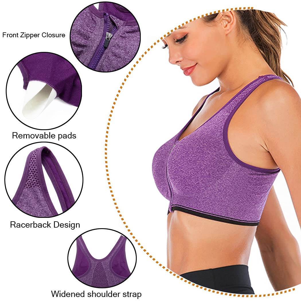 FLORATA Women's Zip Front Sports Bra - Wireless Post-Surgery Bra with Removable Pads for Yoga, Running & Gym Workouts | Comfortable Support for Active Lifestyles & Recovery