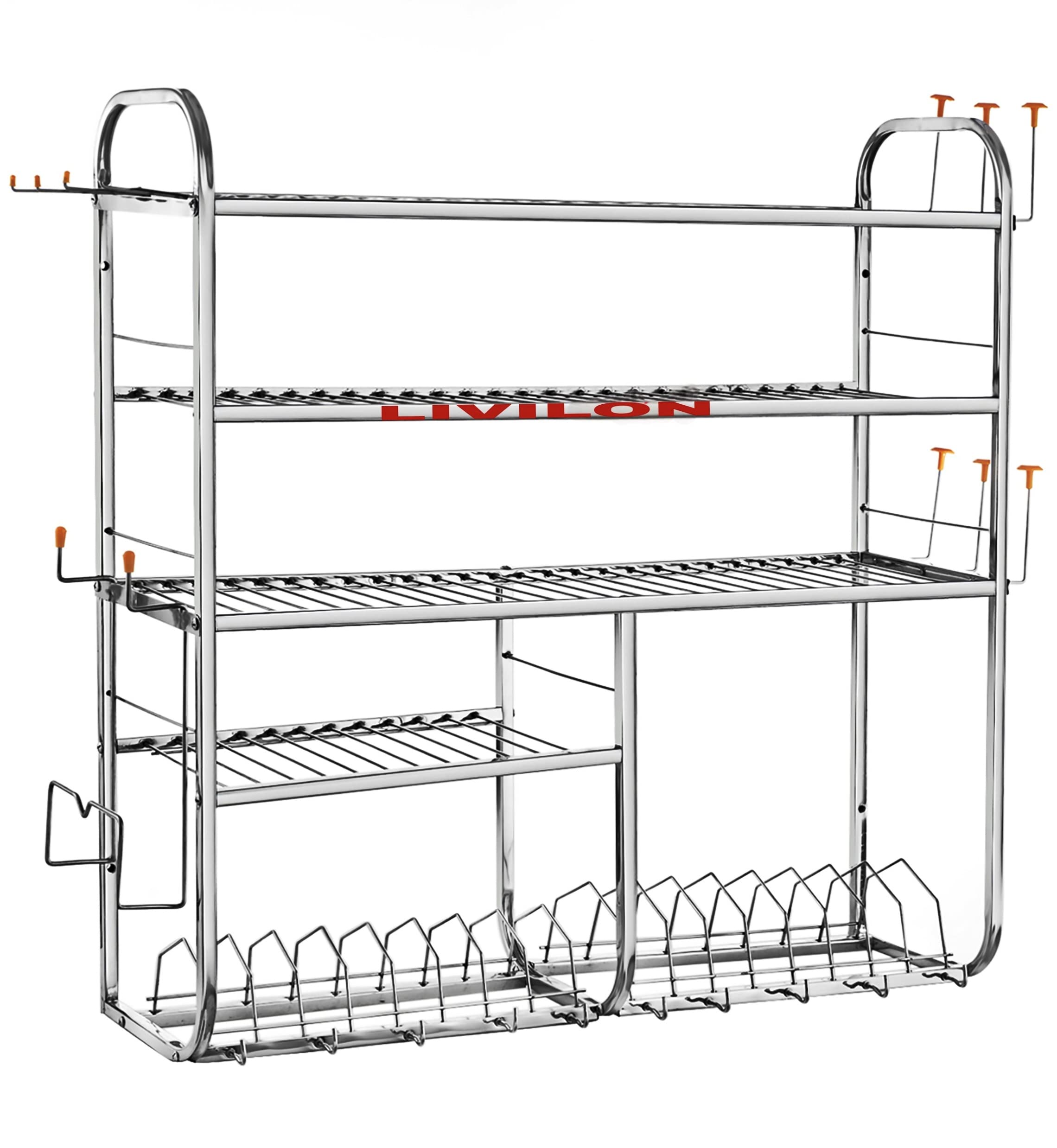 Stainless Steel Wall Mount Kitchen Utensil Rack - 5 Shelf Dish Organizer for Spoons, Plates & Cutlery (31x30x10 Inches) - Space Saving Kitchen Storage Solution for Small Apartments & Organized Cooking Spaces