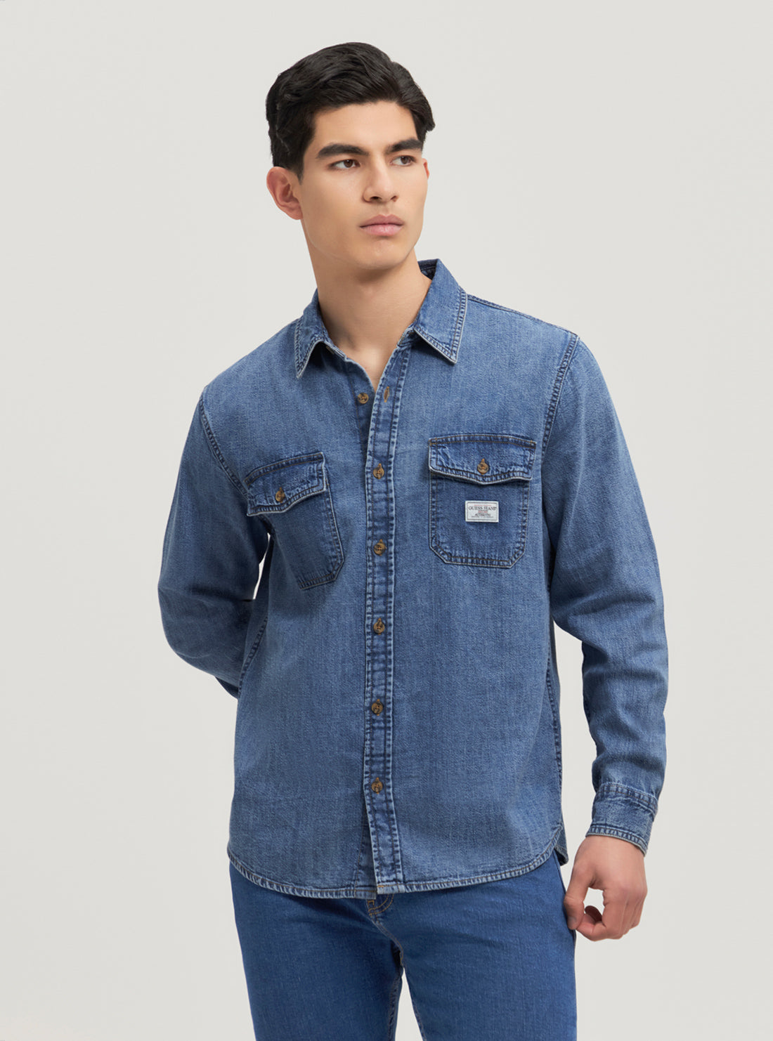 Guess Women's Regular Fit Denim Shirt - Classic Blue Washed Cotton Button-Up Top for Casual Wear & Layering
