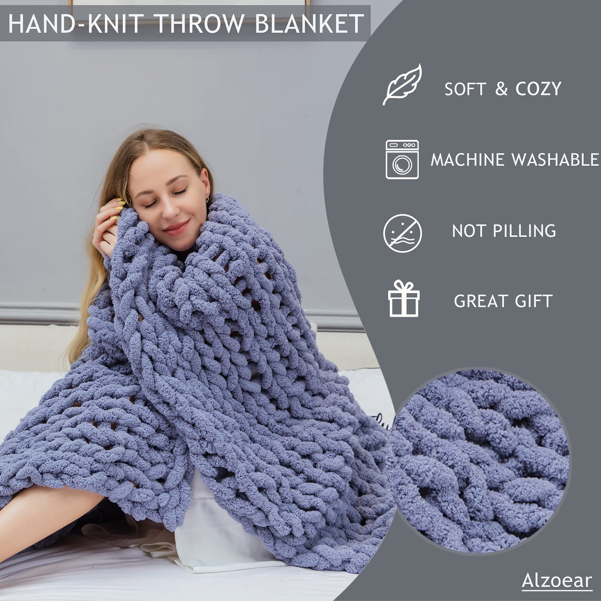 Alzoear Chunky Knit Throw Blanket - Soft Chenille Handmade Blanket for Sofa & Bed - Cozy Warm Home Decor (60x80 Inches, Storm Grey) - Perfect for Winter Nights, Living Room Lounging & Gift Giving