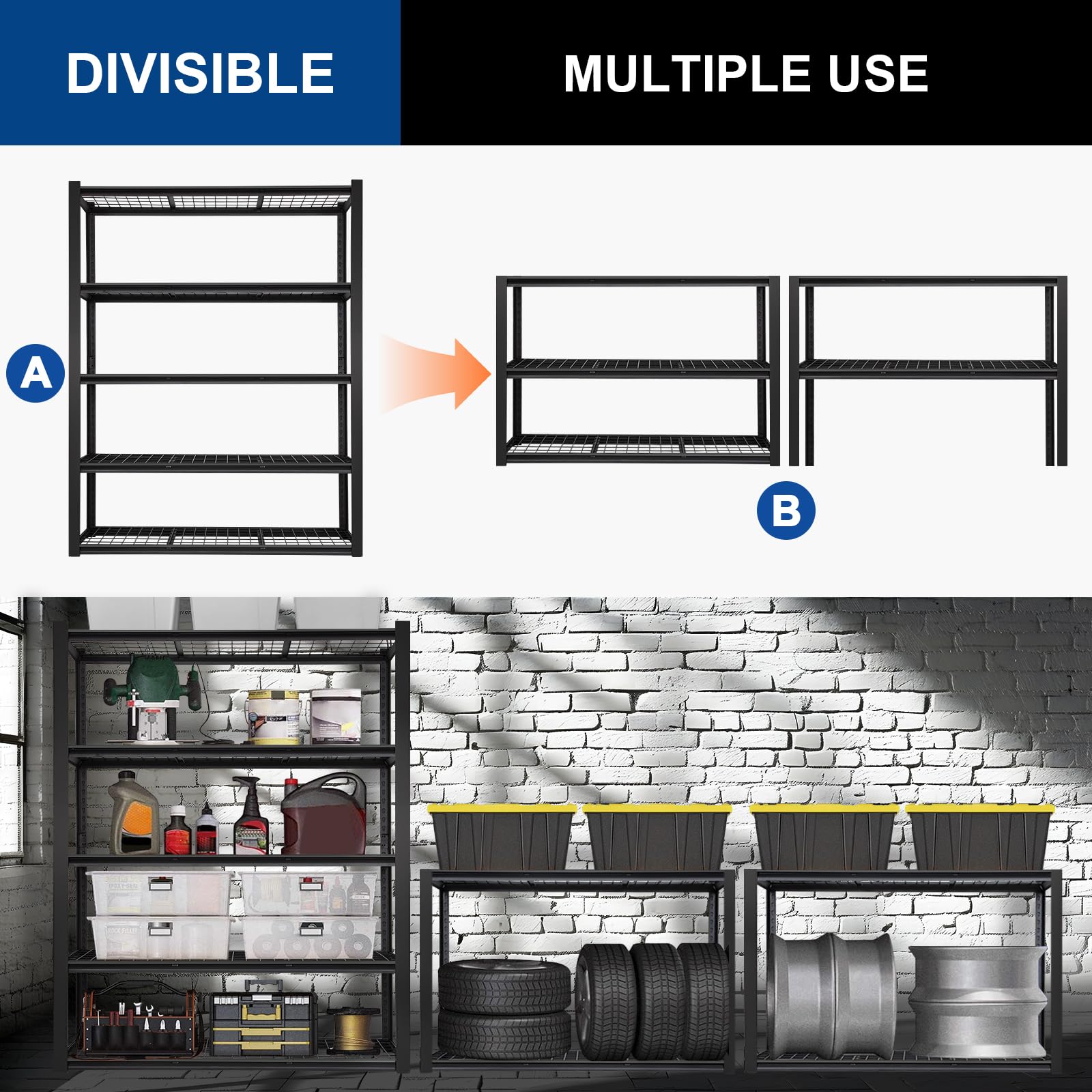 Heavy Duty 5-Tier Industrial Garage Shelving Unit - 2500LBS Capacity, 48