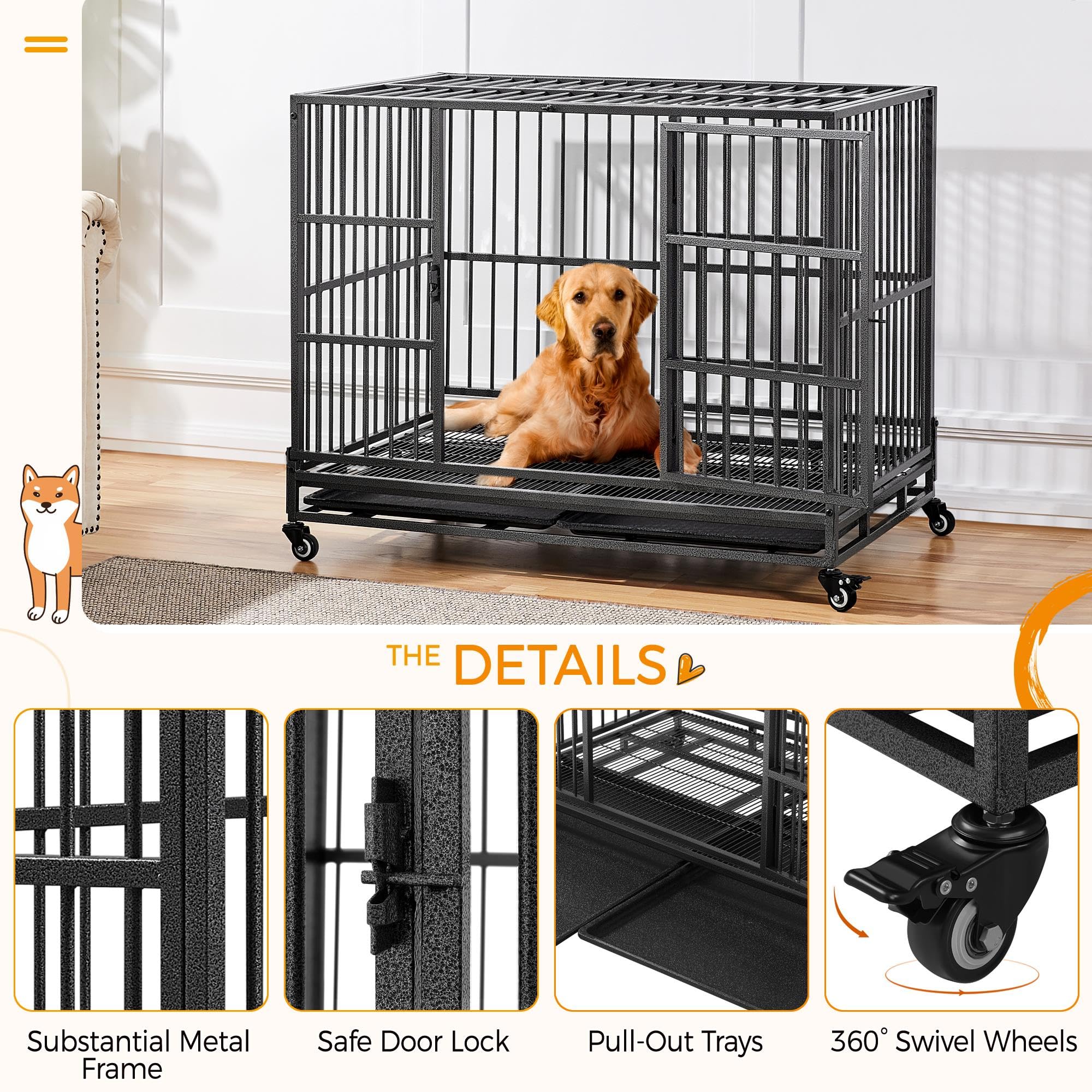 Yaheetech 42 Inch Heavy Duty Dog Crate - Large Indestructible Pet Kennel with 2 Doors, Lockable Wheels & Removable Tray - Indoor Outdoor Use for Dogs, Puppies, Cats - Perfect for Home, Travel, Vet Visits (42