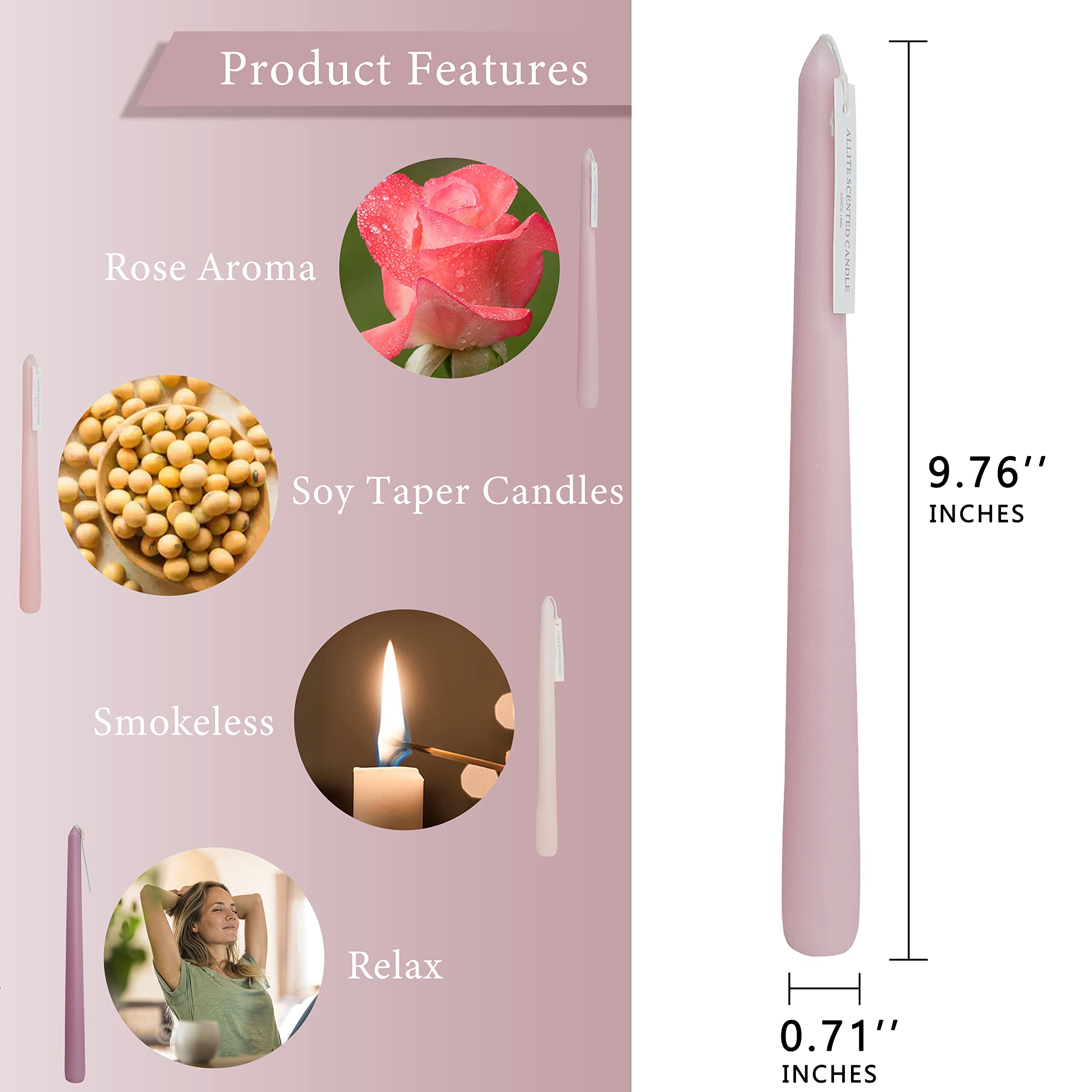8-Hour Romantic Rose Scented Taper Candles - Pink Gradient Long Candlesticks for Wedding, Anniversary & Romantic Dinners (4-Pack) - Perfect for Table Centerpieces, Candlelight Dinners & Special Occasions
