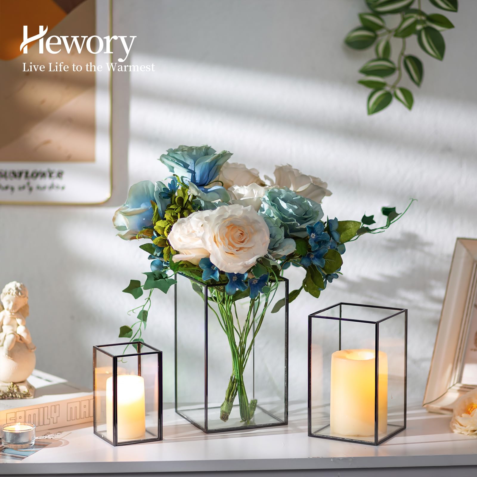 Hewory 18-Piece Black Rectangle Glass Hurricane Candle Holders - Large Square Pillar Candle Lantern for Wedding, Anniversary, Party, Fireplace & Dining Room Decor - Elegant Table Centerpiece & Floor Decor for Home & Events
