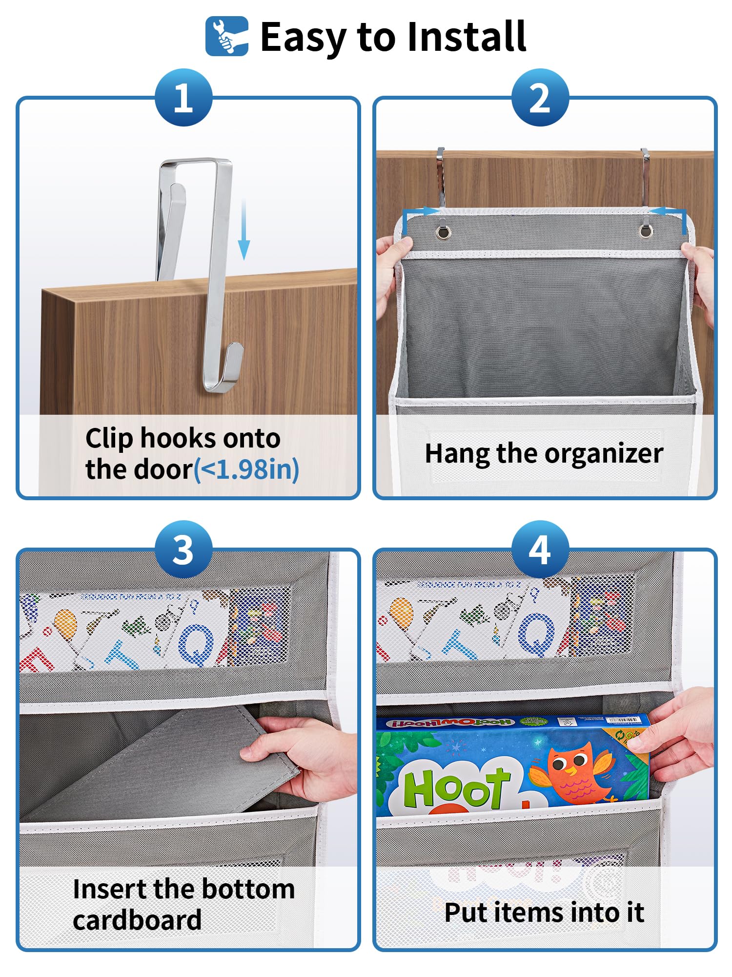 JARLINK Over The Door Organizer Storage - 5 Shelf Hanging Door Organizer with Large Pockets, Holds 44 lbs, Anti-Tilt Design for Bedroom, Bathroom, Pantry & Nursery (Grey) - Perfect for Small Space Organization & Closet Storage Solutions