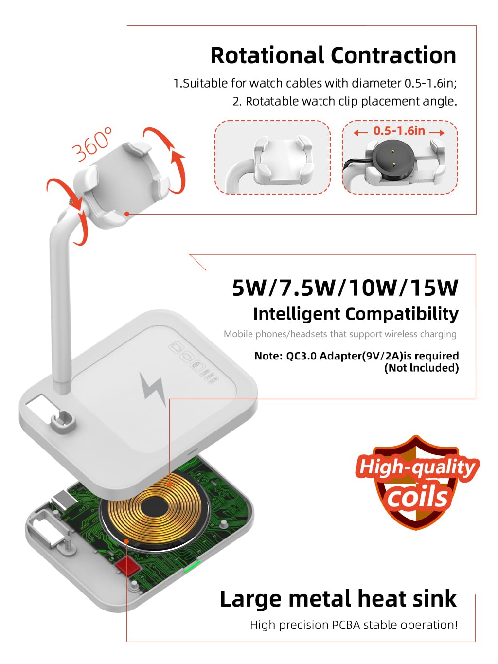 2 in 1 Wireless Charger Stand for Samsung/Apple/Google Phones & Smartwatches - Fast Charging Dock Compatible with Huawei GT, Galaxy Watch, Pixel, Garmin, Fossil, Fitbit & More (02SW-B) - Perfect for Bedside, Office & Travel Charging