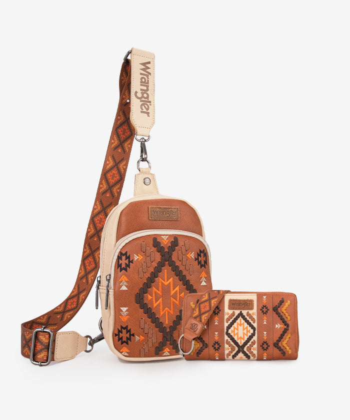 Wrangler Aztec Embroidered Whipstitch Sling Bag - Stylish Crossbody Purse for Women, Men | Perfect for Travel, Hiking & Everyday Use