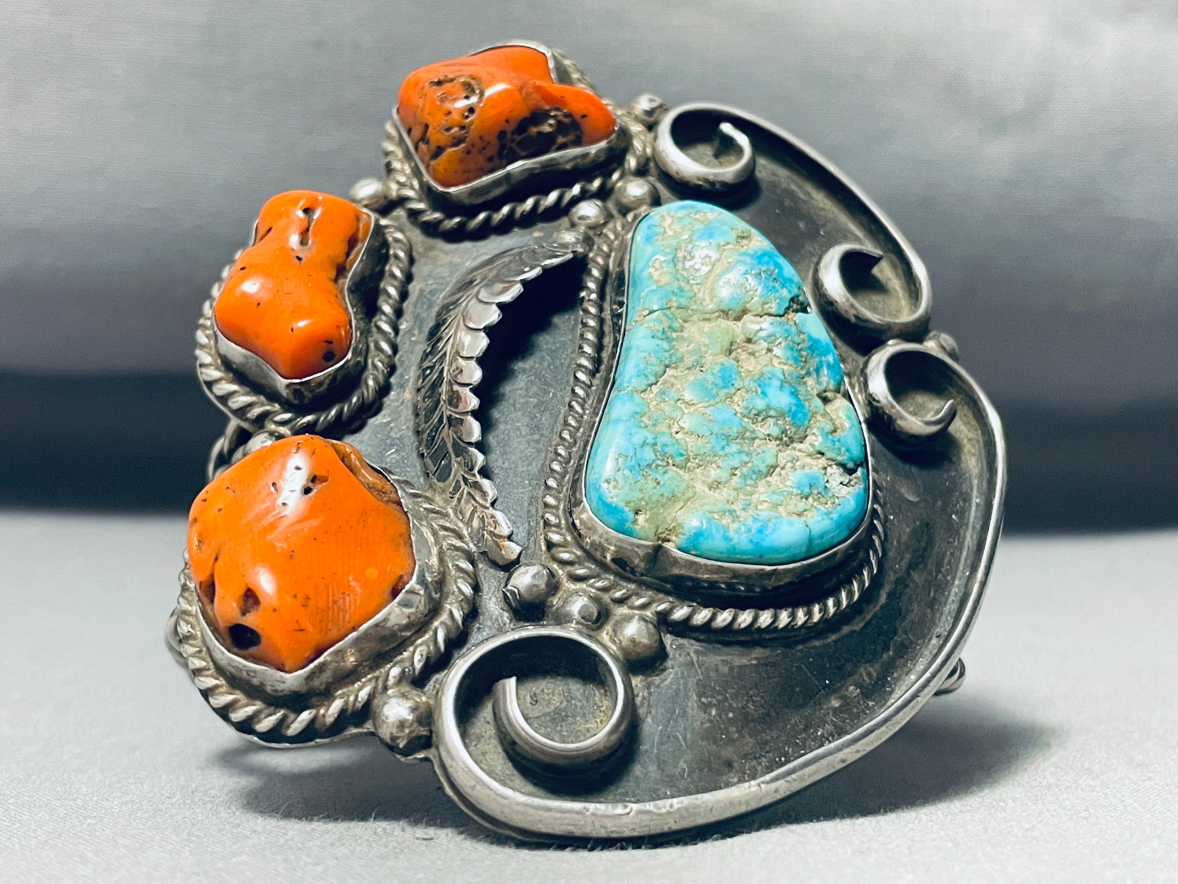 140 Gram Vintage Native American Navajo Coral Turquoise Sterling Silver Bracelet - Handmade Southwest Jewelry for Women, Boho Chic Accessory for Festivals & Special Occasions