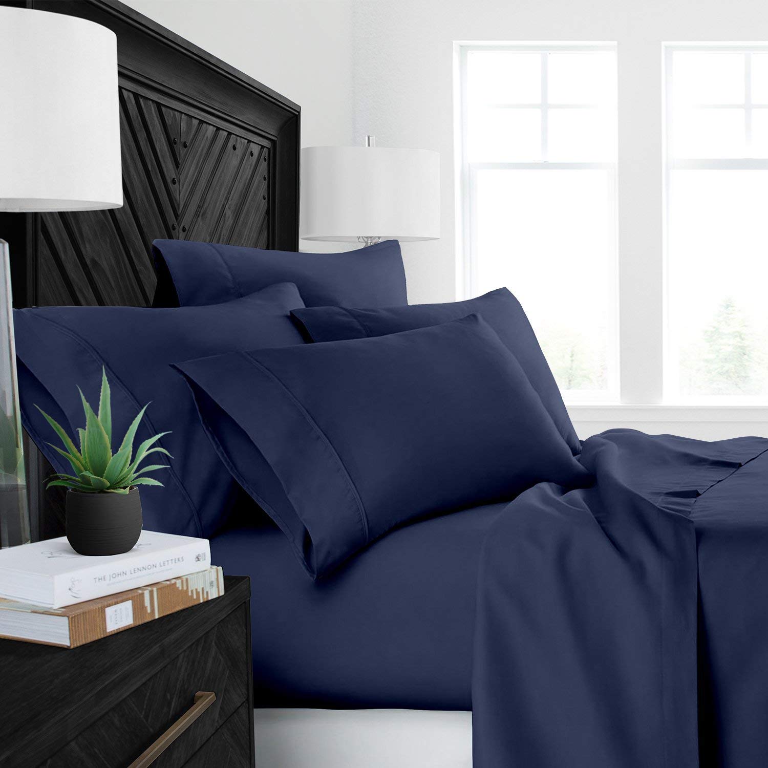 Luxurious 1800-TC Egyptian Cotton Queen Size Sheet Set - 6 Piece (1 Fitted Sheet, 1 Flat Sheet, 4 Pillowcases) for 60x80 Mattress with 7-9 Inch Deep Pockets - Solid Navy Blue - Perfect for Bedroom, Guest Room & Hotel Use