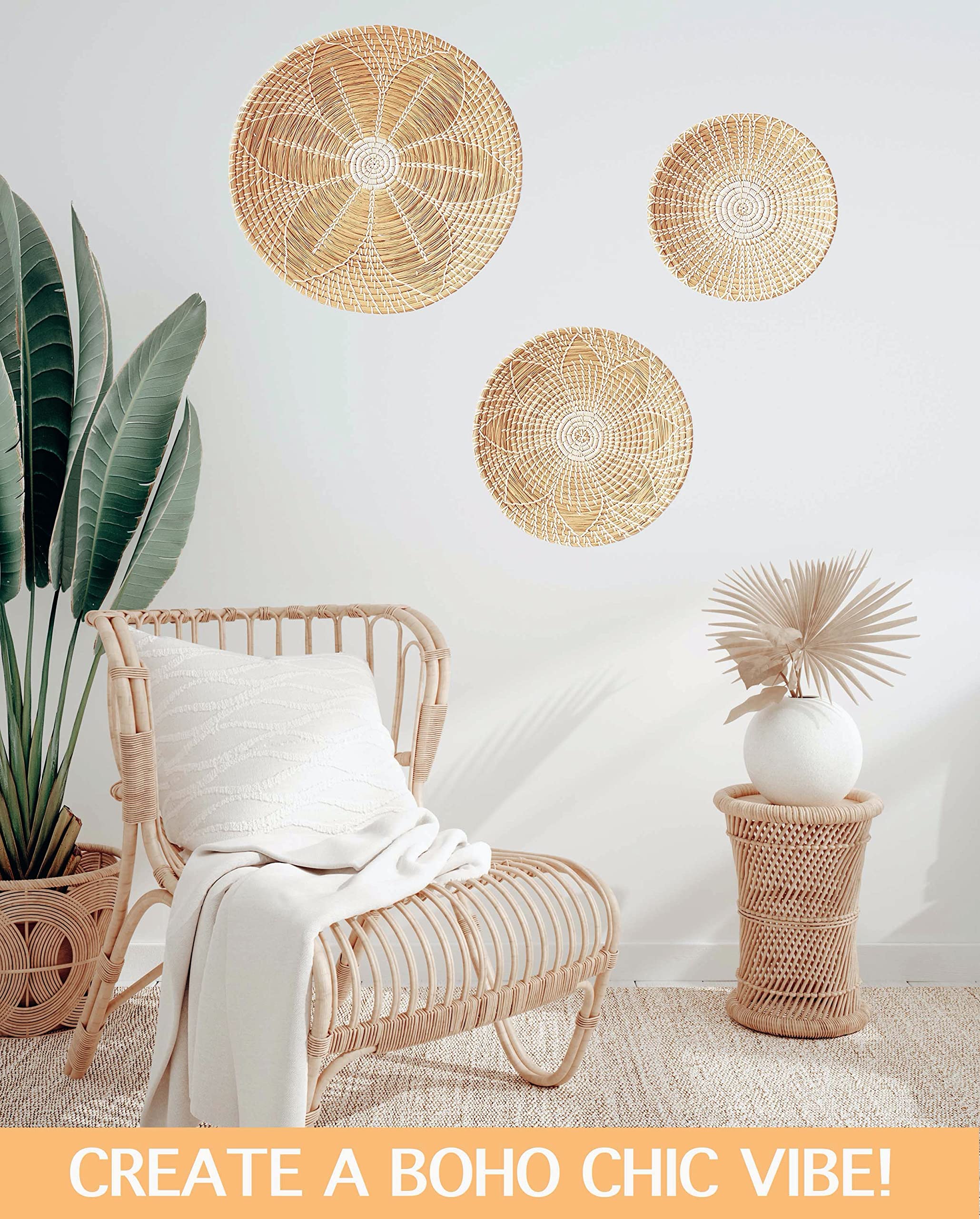 Set of 3 Handmade Woven Seagrass Wall Baskets - Boho Home Decor, Lightweight & Easy to Hang, Multi-Purpose Storage for Bathroom, Bedroom or Nursery - Natural Fiber Wall Organizer for Keys, Plants & Small Items