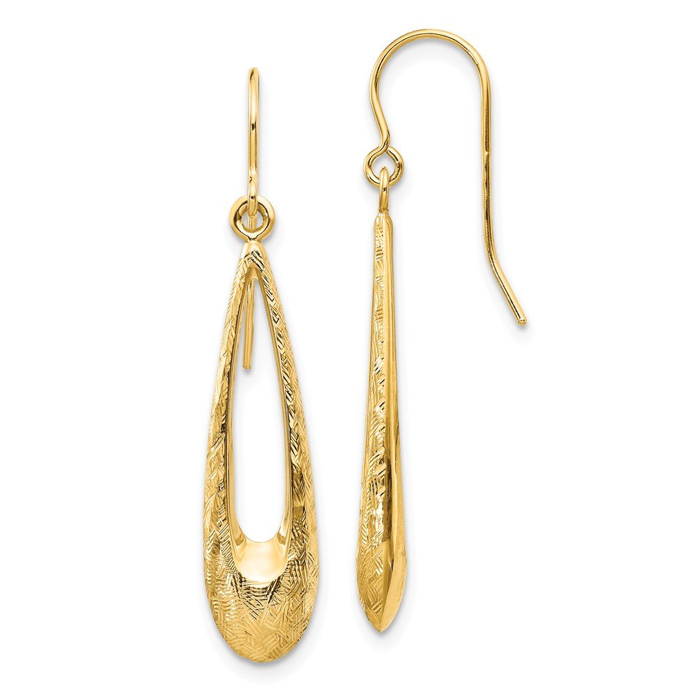 14K Yellow Gold Textured Teardrop Dangle Earrings - 39mm x 7mm - Elegant Drop Earrings for Women, Perfect for Weddings, Parties & Special Occasions