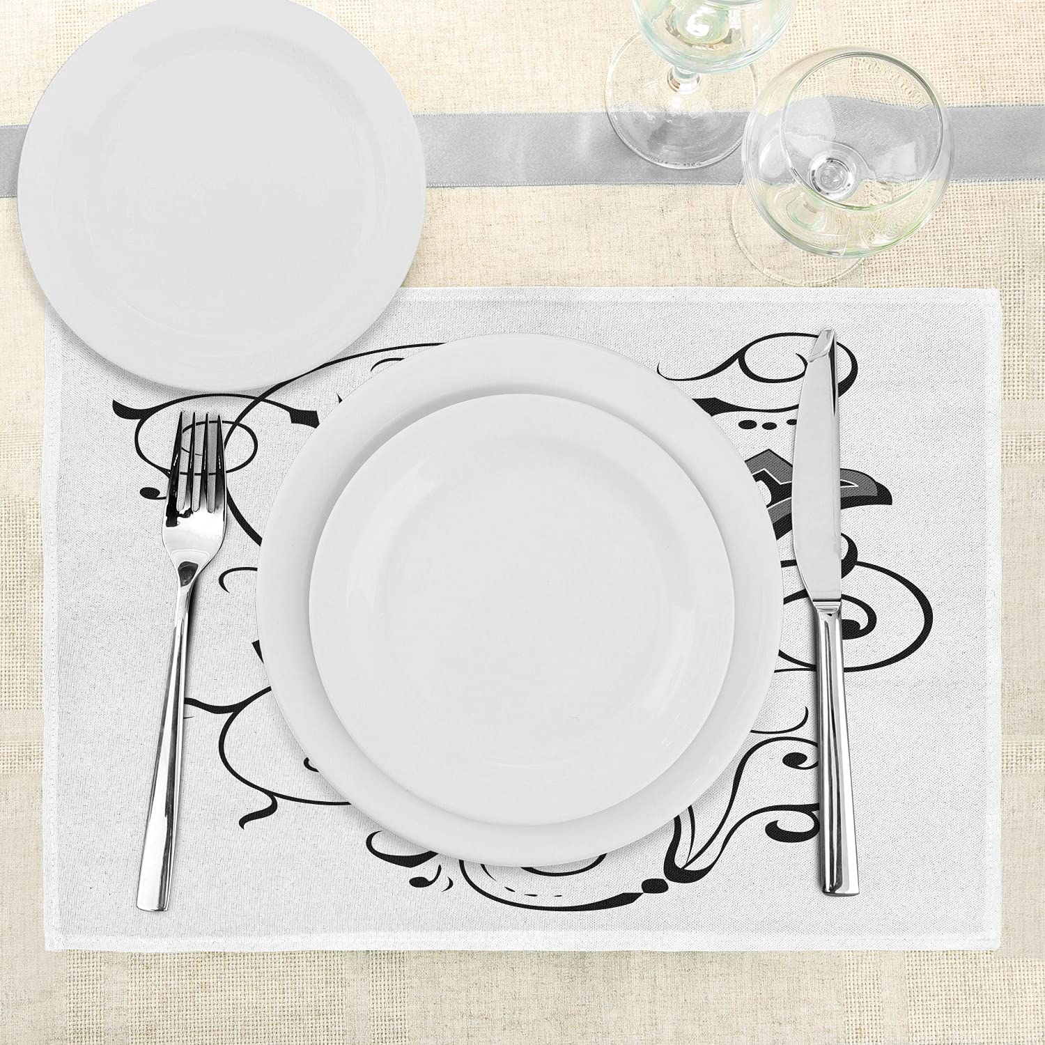 Ambesonne Medieval Calligraphy Letter Y Place Mats Set of 4 - European Alphabet Design Washable Fabric Placemats for Dining Table, Kitchen Decor in Black Grey White - Perfect for Dinner Parties, Holiday Gatherings & Home Decor