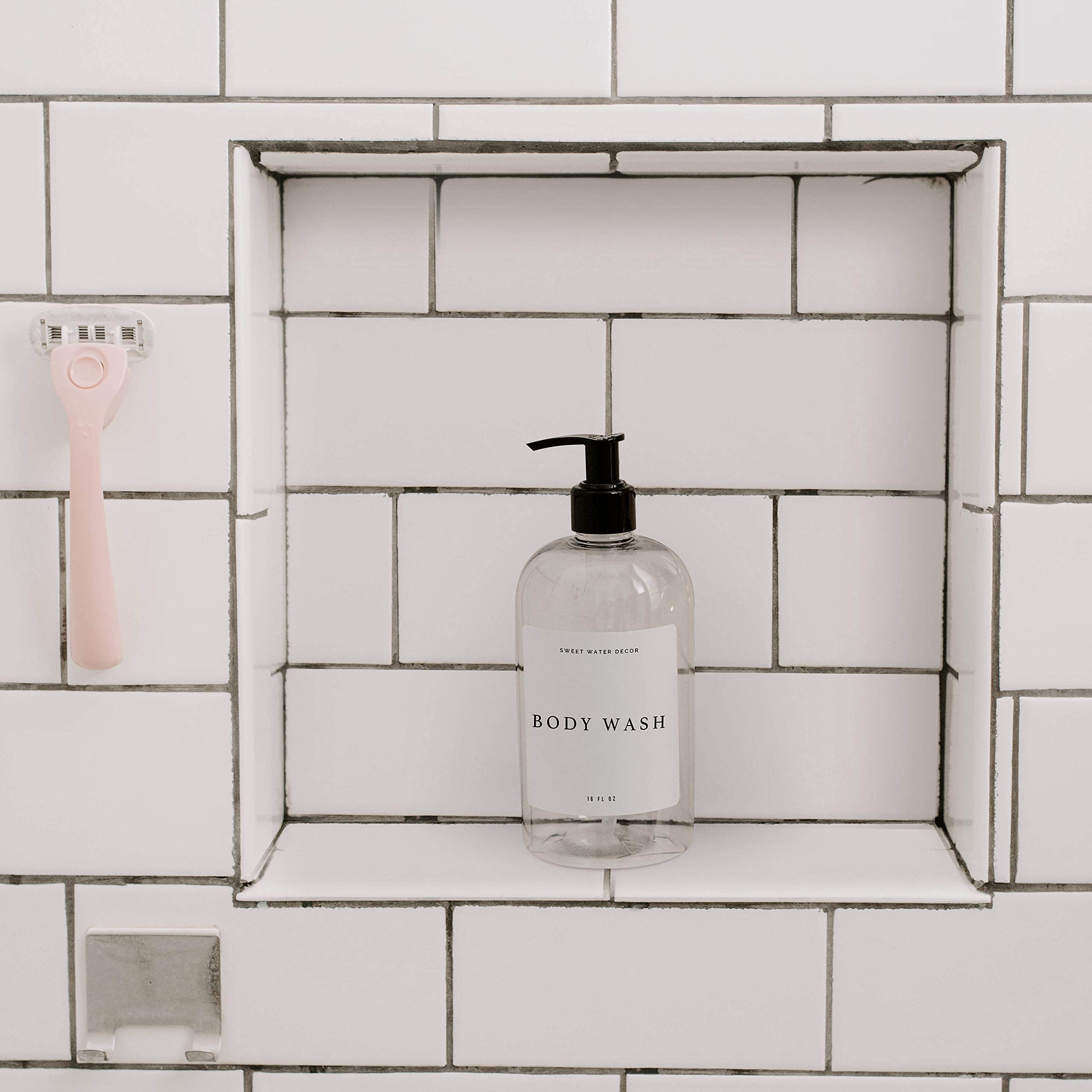 Sweet Water Decor 16 oz Clear Plastic Refillable Body Wash Dispenser with Pump - Rustic Modern Farmhouse Style - Waterproof White Label with Black Text - Perfect for Bathroom, Kitchen, or Gift Giving