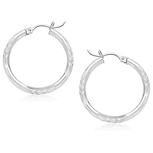 14K White Gold Diamond Cut Hoop Earrings - 25mm Dainty Everyday Hoops for Women, Perfect for Work, Date Night & Special Occasions