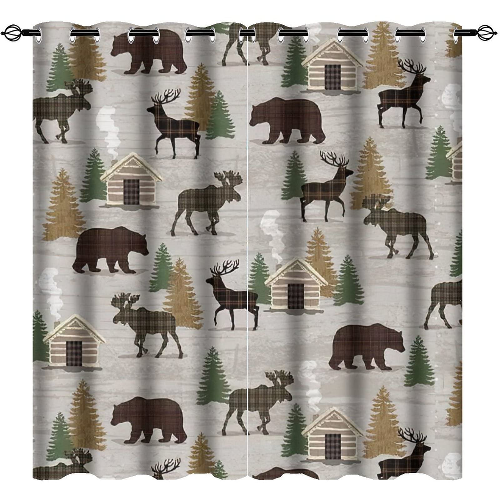 Camouflage Blackout Curtains Set of 2 Panels - Country Farmhouse Lodge Style with Bear Moose Deer Prints - 42x63 Inch Thermal Insulated Window Drapes for Bedroom & Living Room - Perfect for Hunting Cabins, Rustic Home Decor, and Light Blocking