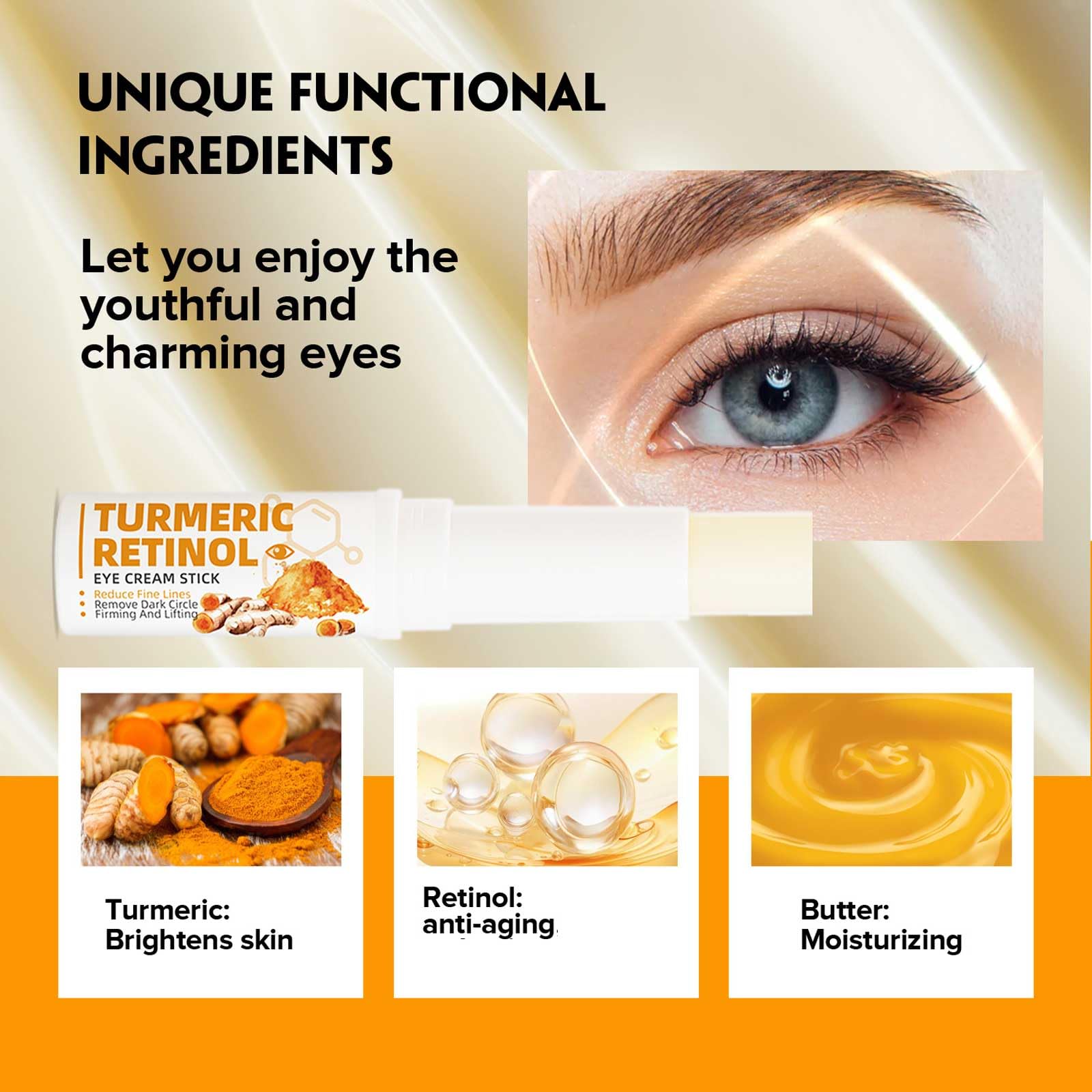 Turmeric Eye Cream Stick for Dark Circles & Puffiness - Anti-Aging Under Eye Serum Treatment (3 Pack) - Reduce Eye Bags & Wrinkles for Day & Night Use