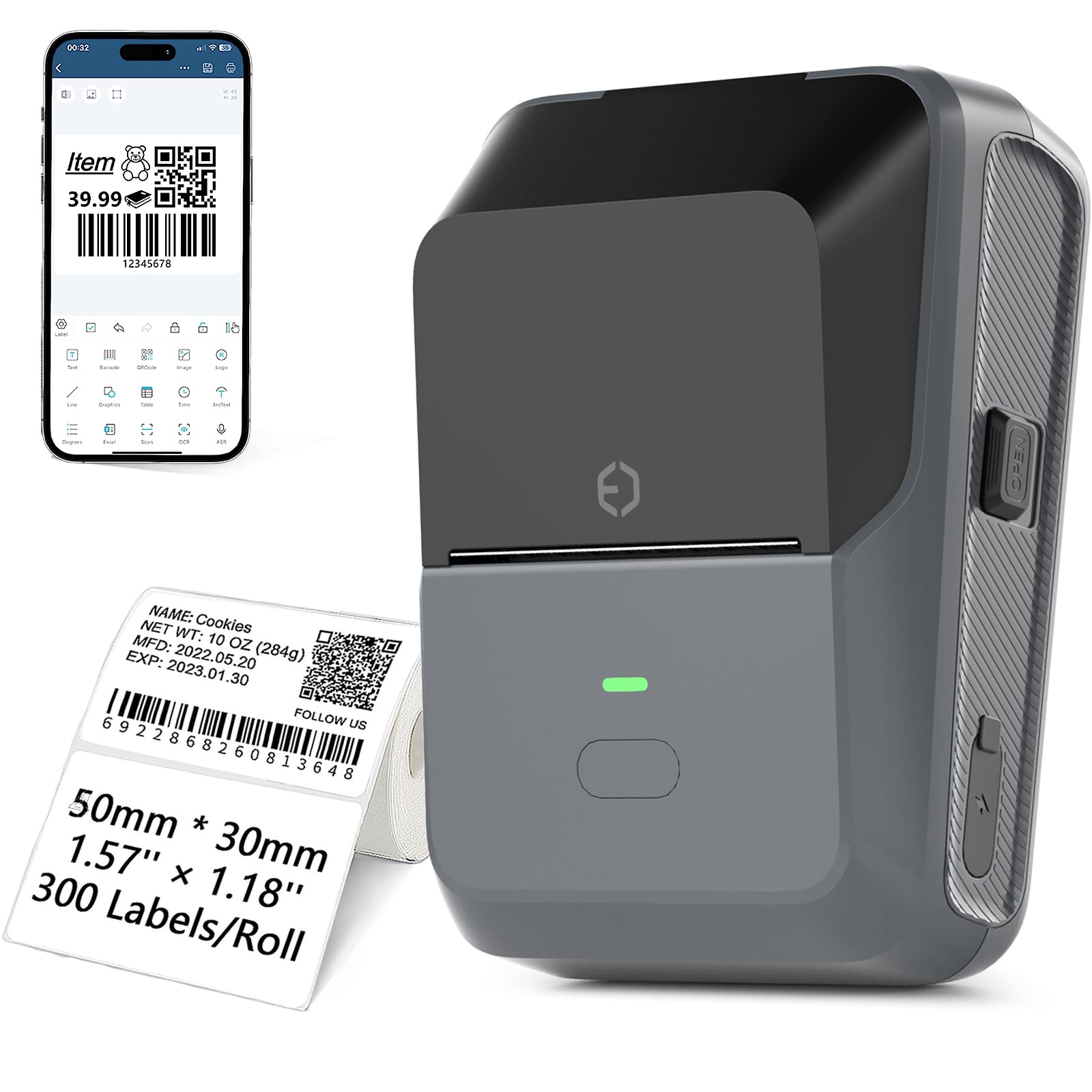 Portable Bluetooth Label Maker for Small Business - Auto Scan Thermal Barcode Printer with 50x30mm Tape & 300 Labels (Gray) - Ideal for Shipping, Office, Home & Inventory Organization