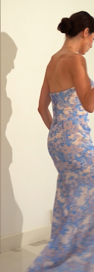 MARTA GOWN Blue Strapless Floral Printed Soft Chiffon Dress - Perfect for Weddings, Parties & Special Occasions
