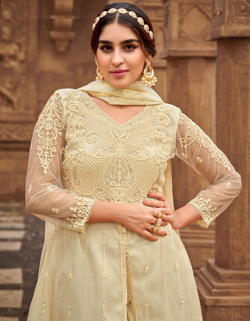 Elegant Beige Pant Style Salwar Kameez with Butterfly Net Embroidery - Perfect for Weddings, Festivals & Special Occasions