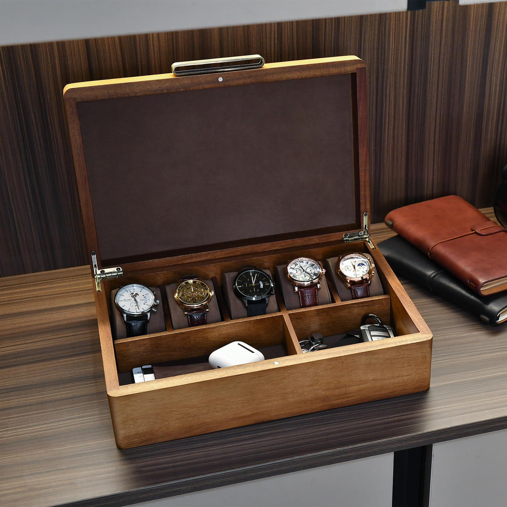 Shanik Large Wooden Watch Box for Men - 5 Slot Personalized Watch Storage Organizer with Engraving - Luxury Watch Case for Collection & Display - Perfect Gift for Watch Enthusiasts & Professionals
