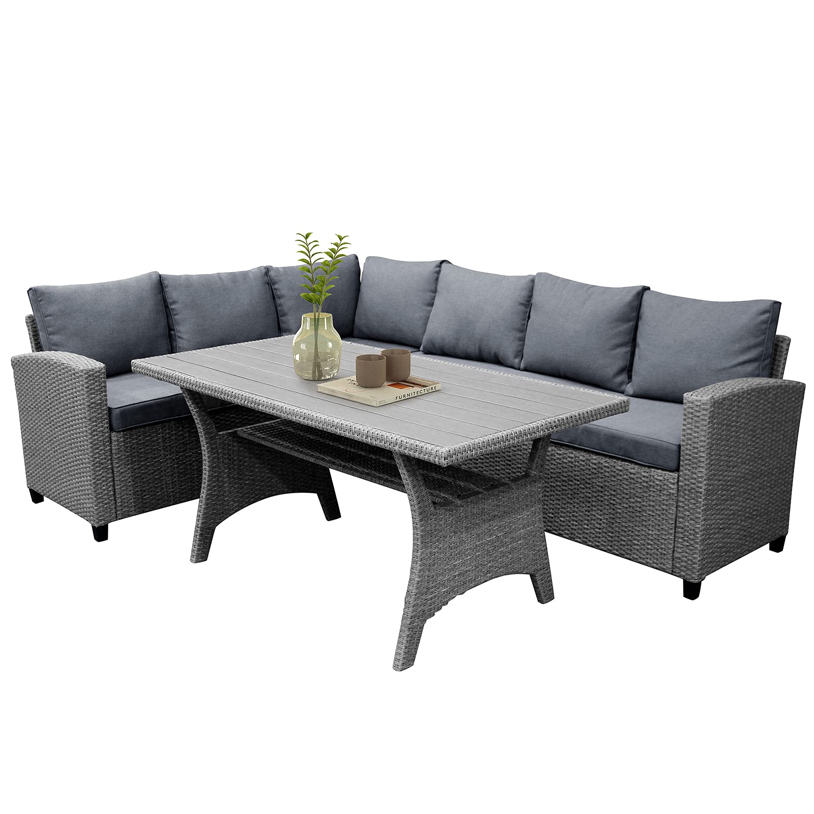 SONGBIRDTH Outdoor Patio Furniture Set - Manual Weaving Rattan Wicker Sectional Sofa Couch with Grey Cushions & Polywood Table - Perfect for Garden, Backyard, and Poolside Relaxation